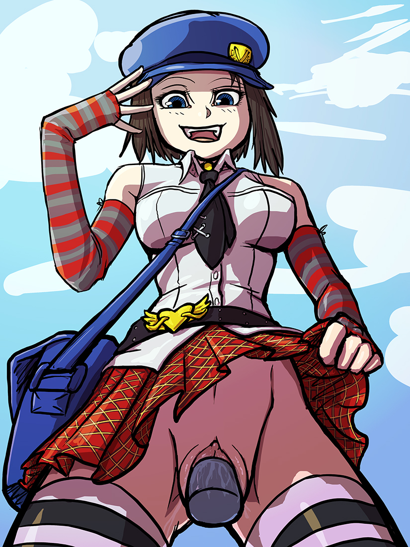 big smile, black belt, black choker, black hair, black necktie, blue bag, blue eyes, checkered skirt, chin length hair, cloudy sky, dildo, dildo in pussy, eyelashes, feet out of frame, female, general-irrelevant, long fingerless gloves, looking down, marie (persona 4), megami tensei, no panties, no underwear, officer cap, persona, persona 4, pussy, secret, short hair, short necktie, showing pussy, skirt lift, sky background, sleeveless shirt, solo, solo female, striped gloves, striped stockings, white shirt
