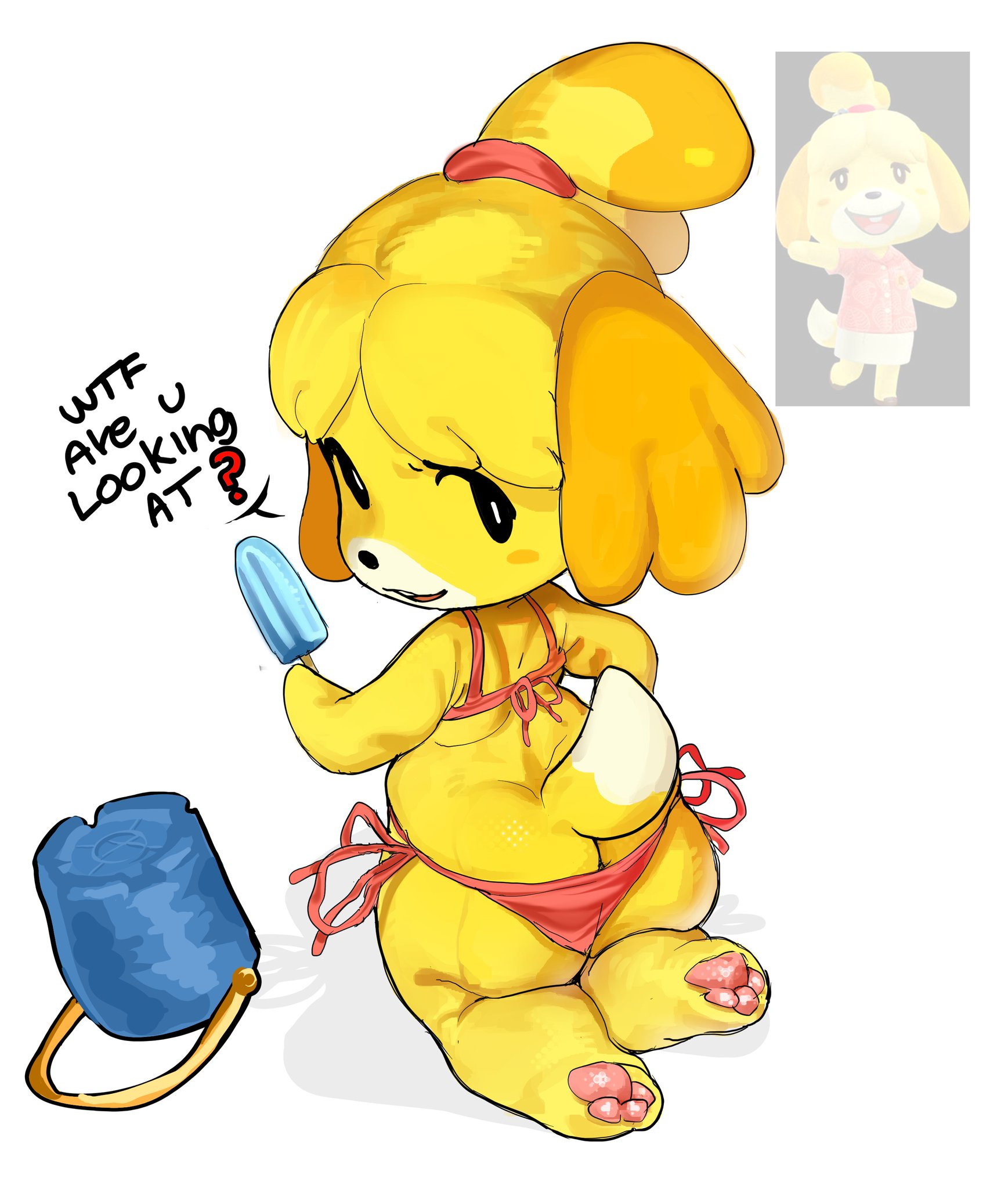 animal crossing, artist request, ass, beach, beach wear, isabelle (animal crossing), pawpads, popsicle, tagme