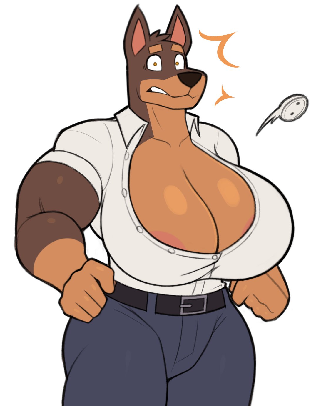 1boy, acstlu, anthro, big breasts, breasts, busty, busty male, button flying, buttons flying, canid, canine, canis, cleavage, dobermann, domestic dog, flying button, flying buttons, male, male breasts, male clevage, male only, male tits, male with breasts, shirt open, shirt popped open