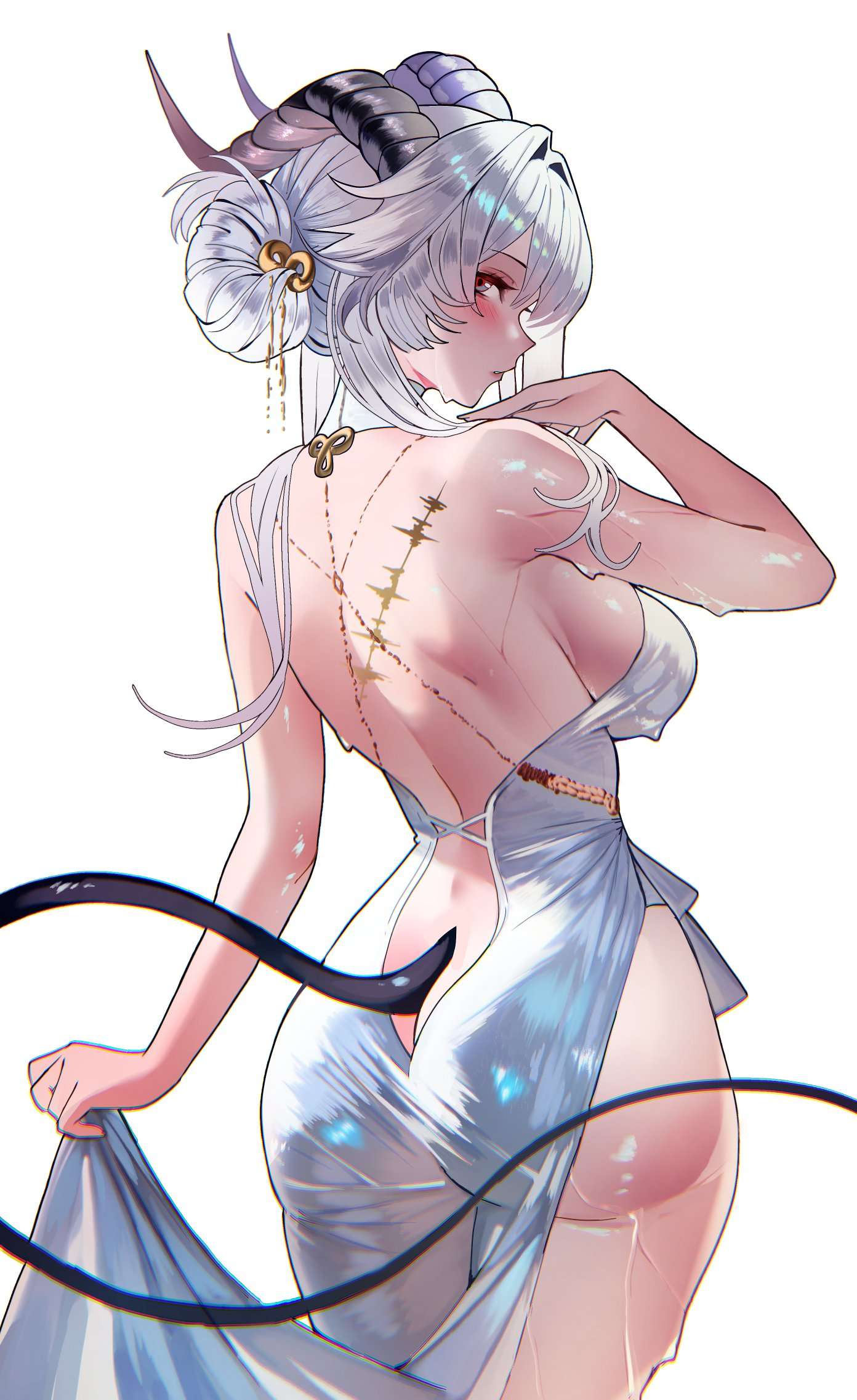 1girls, ass, back, big ass, big breasts, breasts, bubble butt, clothed, clothed female, dress, female, female only, light skin, light-skinned female, looking at viewer, looking back, revealing clothes, sanya lox, solo, standing, tacet mark (wuthering waves), tail, wet skin, white dress, white hair, white-haired female, wuthering waves, zani (wuthering waves)