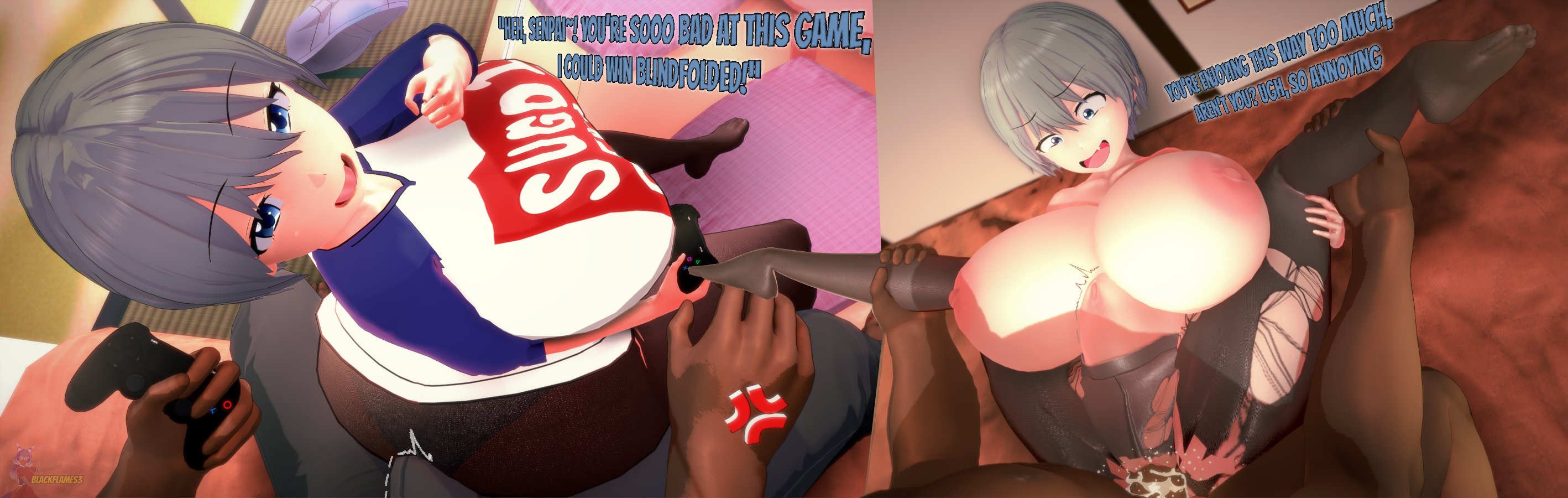 1boy, 1girls, ass, big ass, big breasts, big butt, black panties, black pantyhose, blackflames3, blue eyes, boner, boner in pants, breasts, breasts bigger than head, cheating, cheating girlfriend, controller, cum, cum in pussy, cum inside, cute fang, dark-skinned male, english text, female, leg grab, legs apart, legs spread, looking at viewer, looking back, looking back at viewer, looking down, male, netorare, nipples, ntr, open mouth, panties, panties under pantyhose, pantyhose, pixie cut, playing videogame, pov, pov eye contact, pussy, sex, short hair, silver hair, sitting, sitting on lap, smile, stomach bulge, text, torn clothing, torn pantyhose, uzaki hana, uzaki-chan wa asobitai!, vagina, vaginal insertion, vaginal penetration, vaginal sex