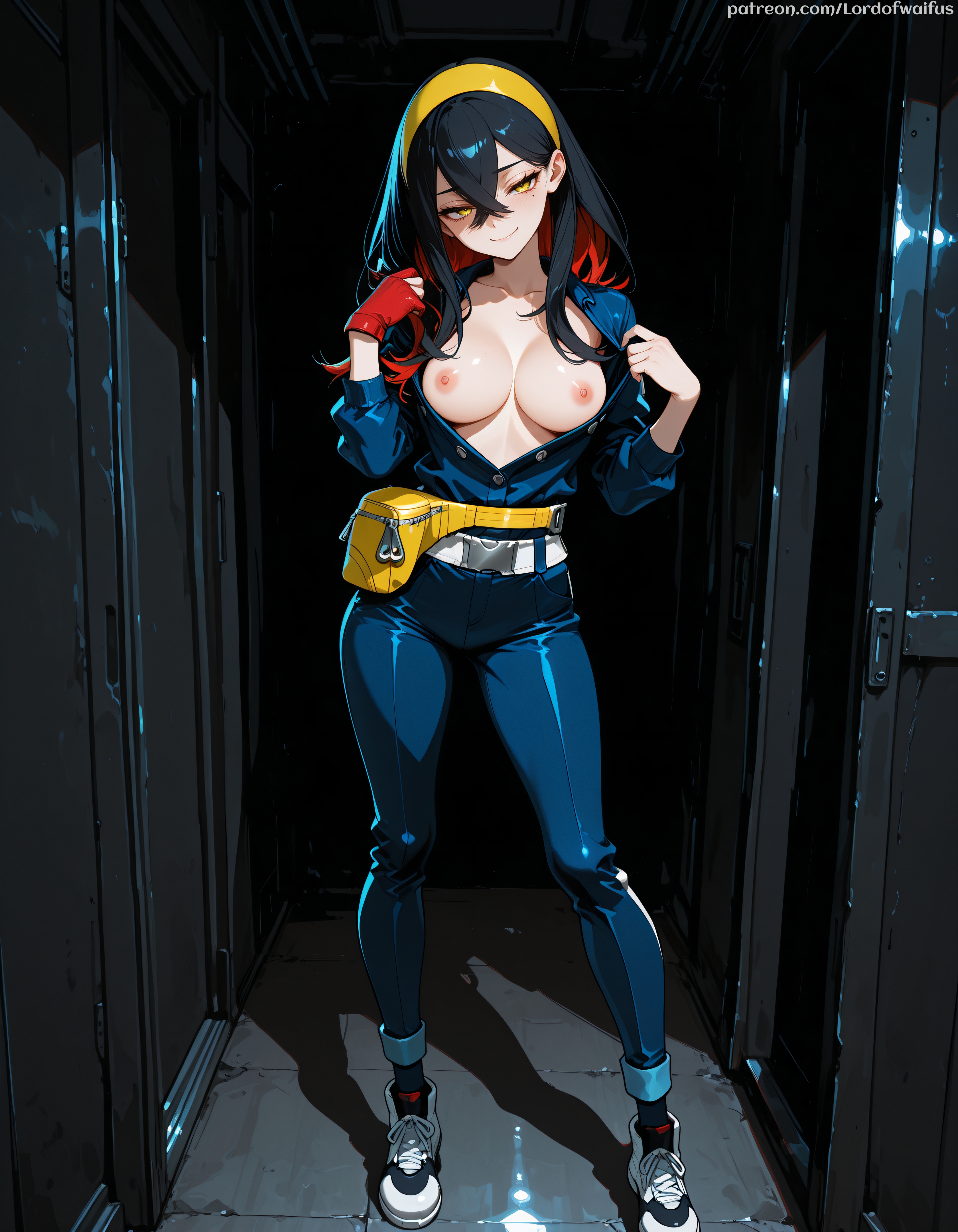 1girls, ai generated, artist name, belt, black hair, breasts, carmine (pokemon), female, full body, gloves, hair between eyes, hairband, large breasts, long hair, looking at viewer, lordofwaifus, multicolored hair, nipples, no bra, open clothes, patreon, pokemon, red gloves, red hair, shoes, sneakers, solo, web address, yellow eyes