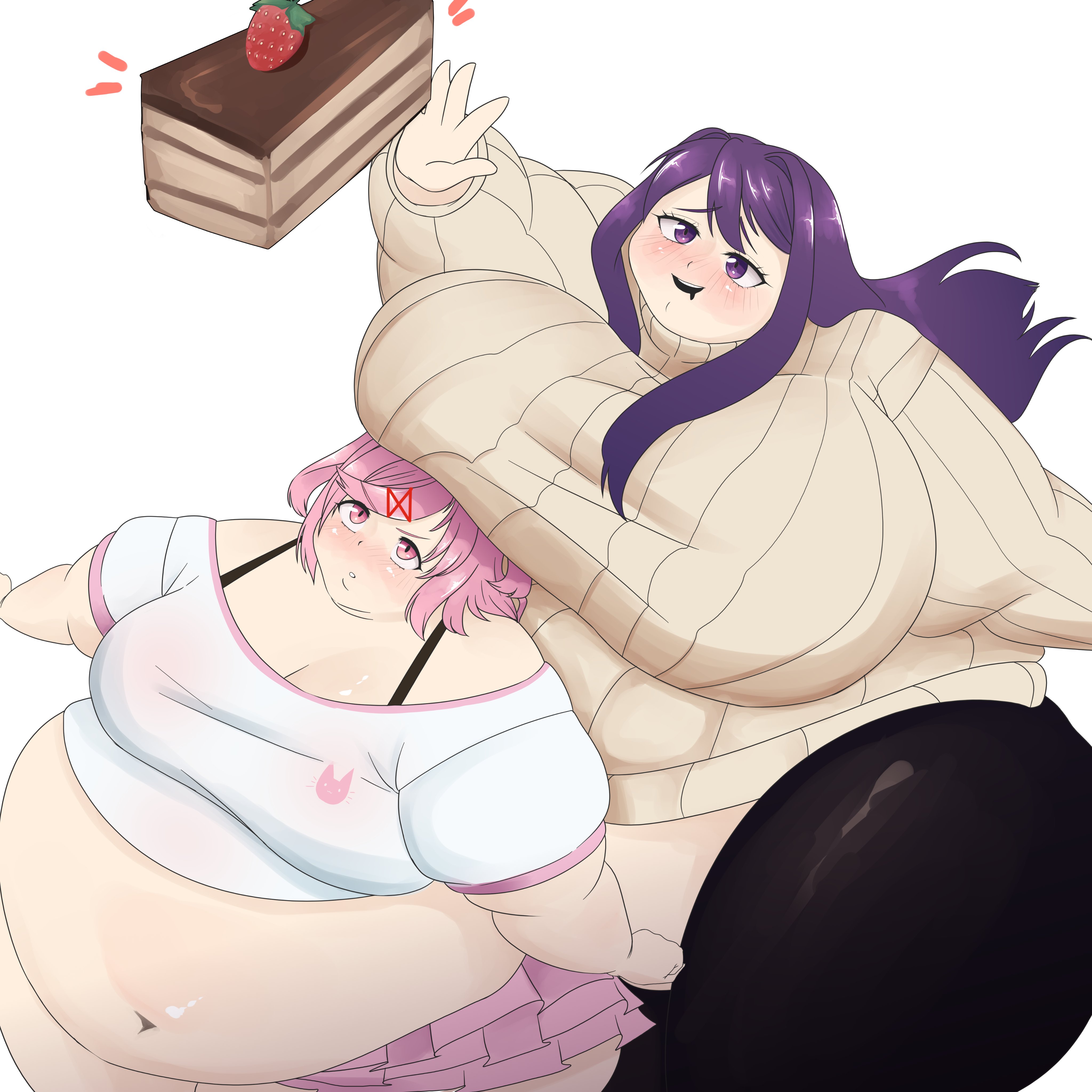 2girls, bbw, breasts, breasts on head, cake, doki doki literature club, fat, fat female, fat fetish, female, female only, missicake, morbidly obese, multiple females, multiple girls, natsuki (doki doki literature club), obese female, overweight, overweight female, pink eyes, pink hair, purple eyes, purple hair, skirt, sweater, yuri (doki doki literature club)