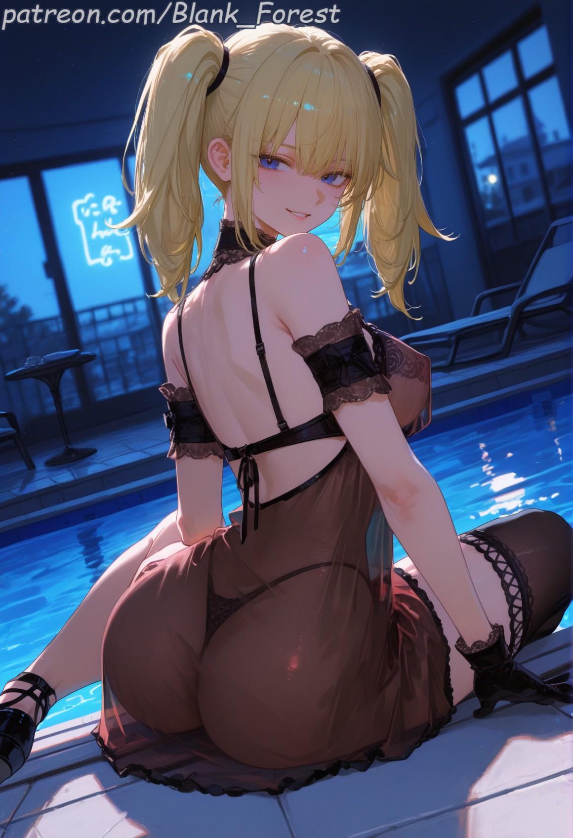 ai generated, ani (twitter), artist name, ass, babydoll, back, bangs, bare shoulders, black footwear, black gloves, black legwear, black panties, blank forest, blonde hair, blue eyes, blurry, blurry background, blush, bra, breasts, choker, closed mouth, cover, doujin cover, dress, eyebrows visible through hair, female, from behind, gloves, gothic, gothic lolita, grok, grok (x), grok (xai), hair between eyes, hair ornament, indoors, lace, lace-trimmed legwear, lace-trimmed panties, large breasts, lingerie, lips, long hair, looking at viewer, looking back, mole, mole under eye, night, nipples, open mouth, panties, parted lips, see-through, shiny, shiny skin, shoulder blades, sidelocks, sitting, smile, solo, stairs, string panties, thighhighs, thighs, thong, twintails, twitter, underwear, wariza, window
