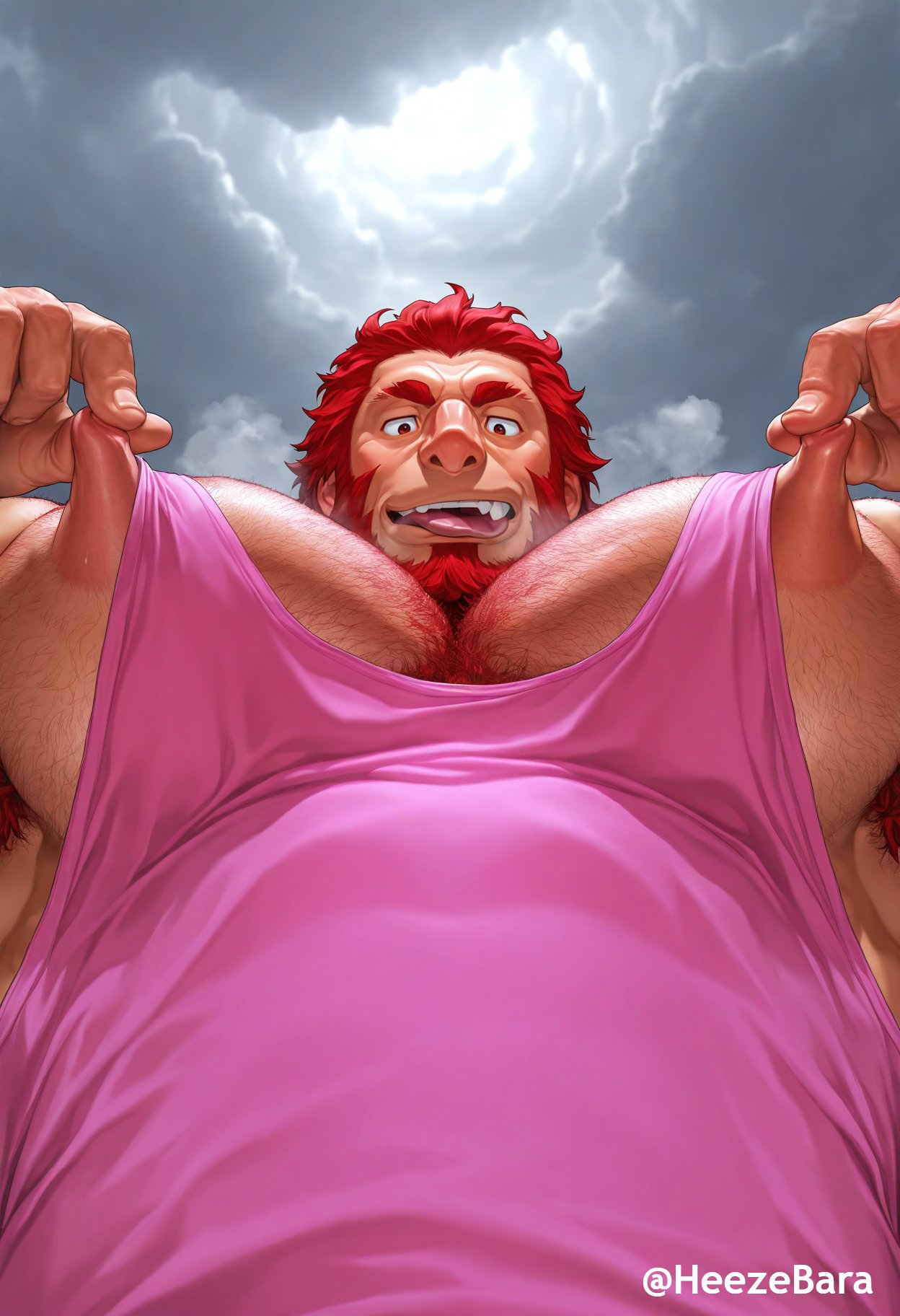 1boy, ai, ai generated, bara, bara tiddies, bara tits, big nipples, breasts, fate (series), fate/grand order, heezebara, human, iskandar (fate), male, male only, muscular, muscular male, nipple play, pinching nipples, pulling nipples, red hair, solo, solo male, yaoi