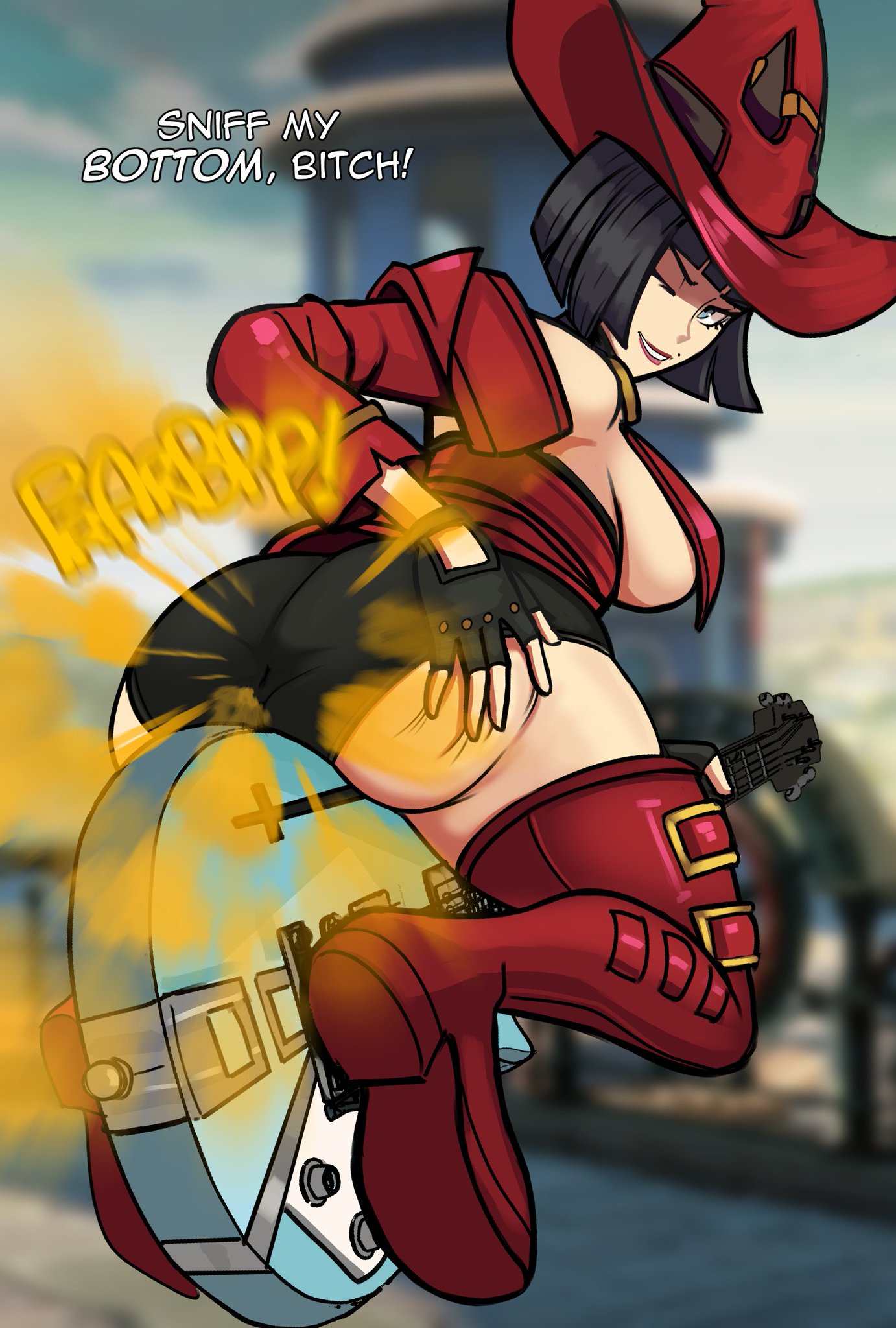 alternate costume, anus outline, big ass, breasts, fart, fart cloud, fart fetish, farting, fat ass, female, guilty gear, guilty gear xrd, hand on ass, huge ass, i-no, lolotron, nipple slip, sideboob