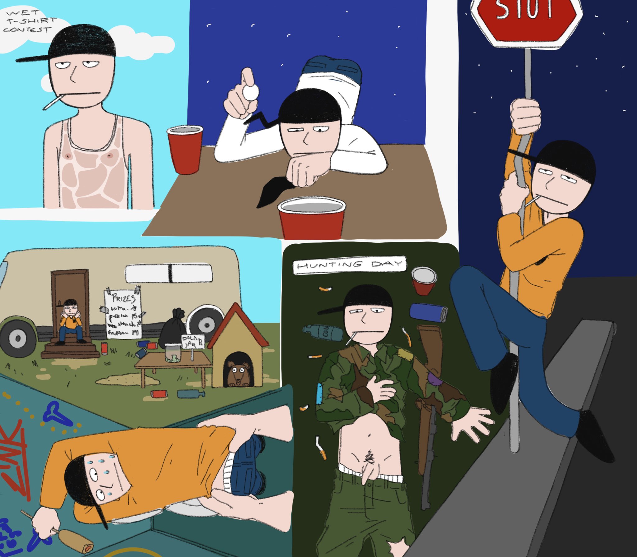 beer bong, beer can, camouflage, cigarette, dick out, dork nokia, gay, gun, hat, hunting rifle, kevin spencer, kevin spencer (series), male, male only, naked, penis, pole dancing, rifle, stop sign, trailer, wet clothing, wet t-shirt, wet t-shirt contest