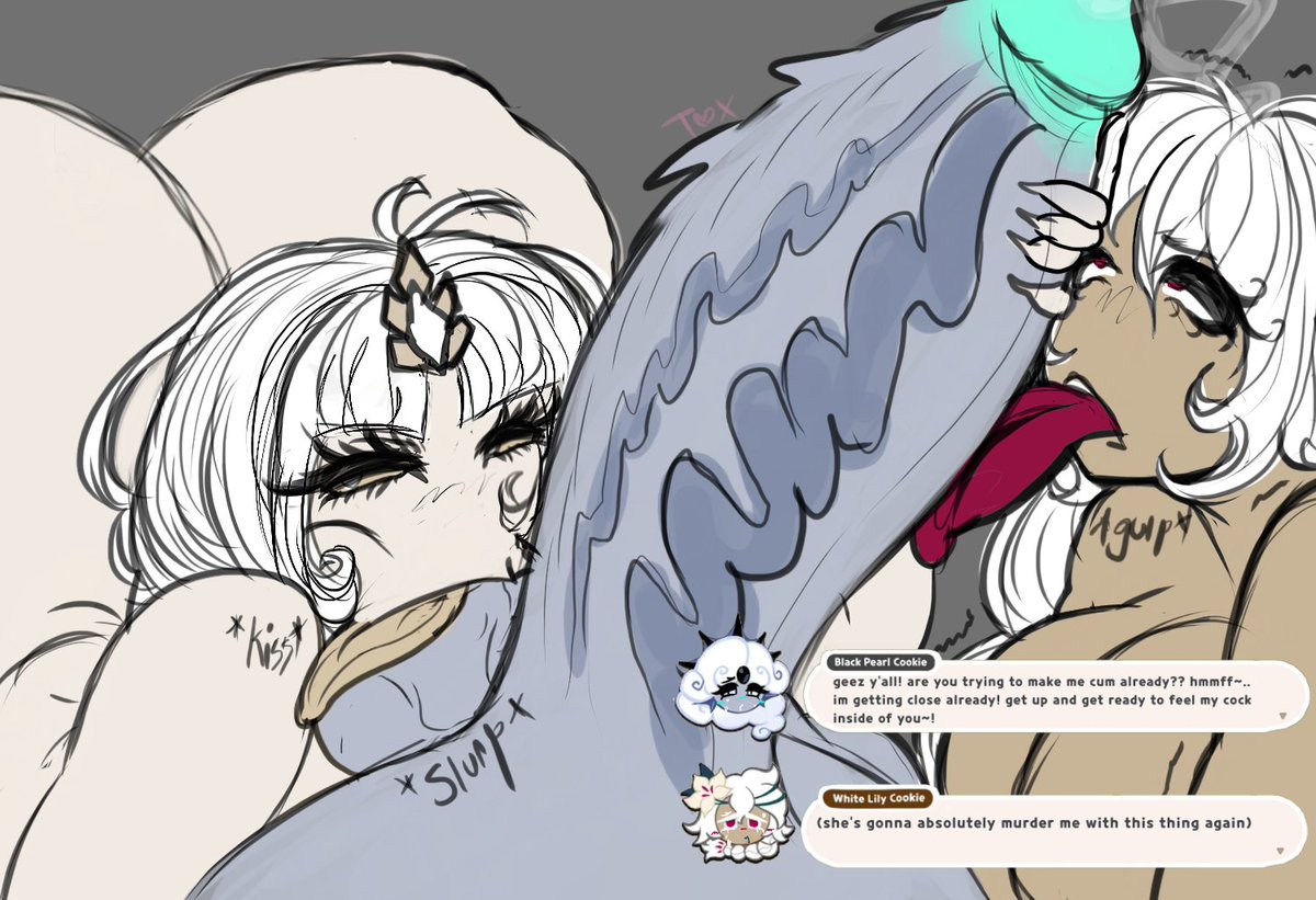 1futa, 2girls, black pearl cookie, blowjob, cookie run, cookie run kingdom, female, futanari, grey skin, intersex, multiple girls, mystic flour cookie, sex, threesome, tongue, tongue out, tongue out blowjob, toxundercover, white hair, white lily cookie, white skin