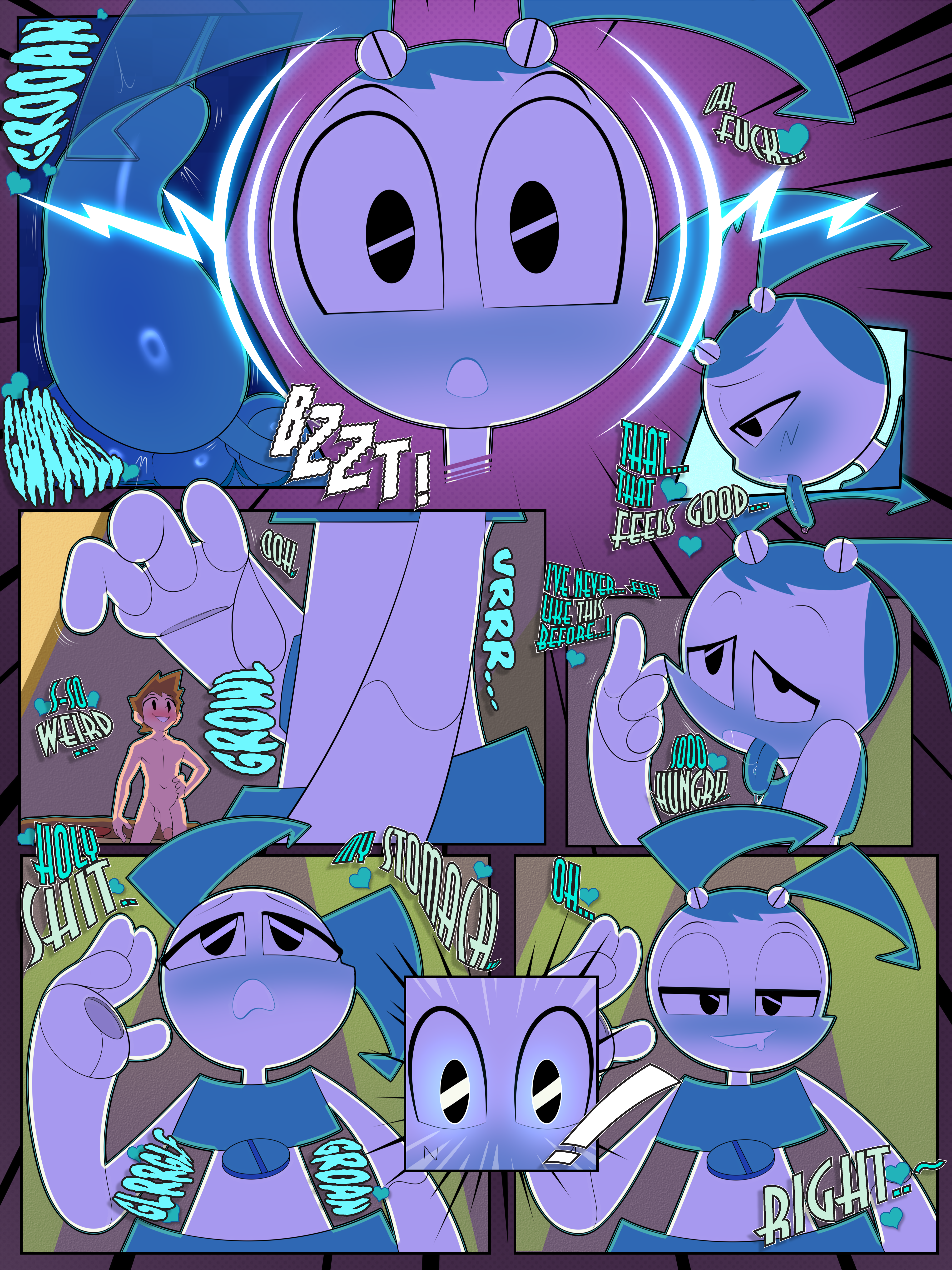 1boy, 1girls, blue hair, comic, comic page, female, giantess, imminent vore, jenny wakeman, light skin, light-skinned male, looking at viewer, low-angle view, male, my life as a teenage robot, nude, nude male, penis, pizza, pov, robot, tagme, text, theboogie, tongue, tongue out