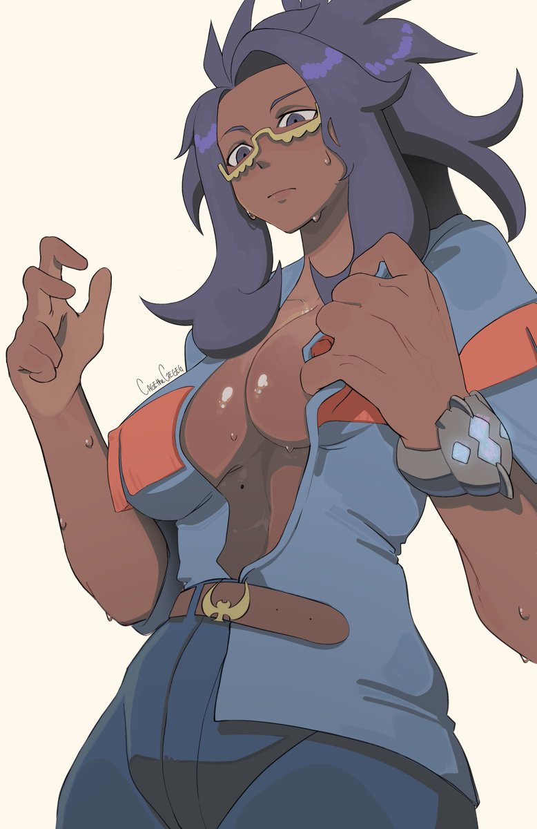 cagethegegeg, dark skin, game freak, glasses, half rim glasses, nintendo, open shirt, pokemon, pokemon sv, raifort (pokemon), shiny skin, solo, sweat, tagme, untucked shirt