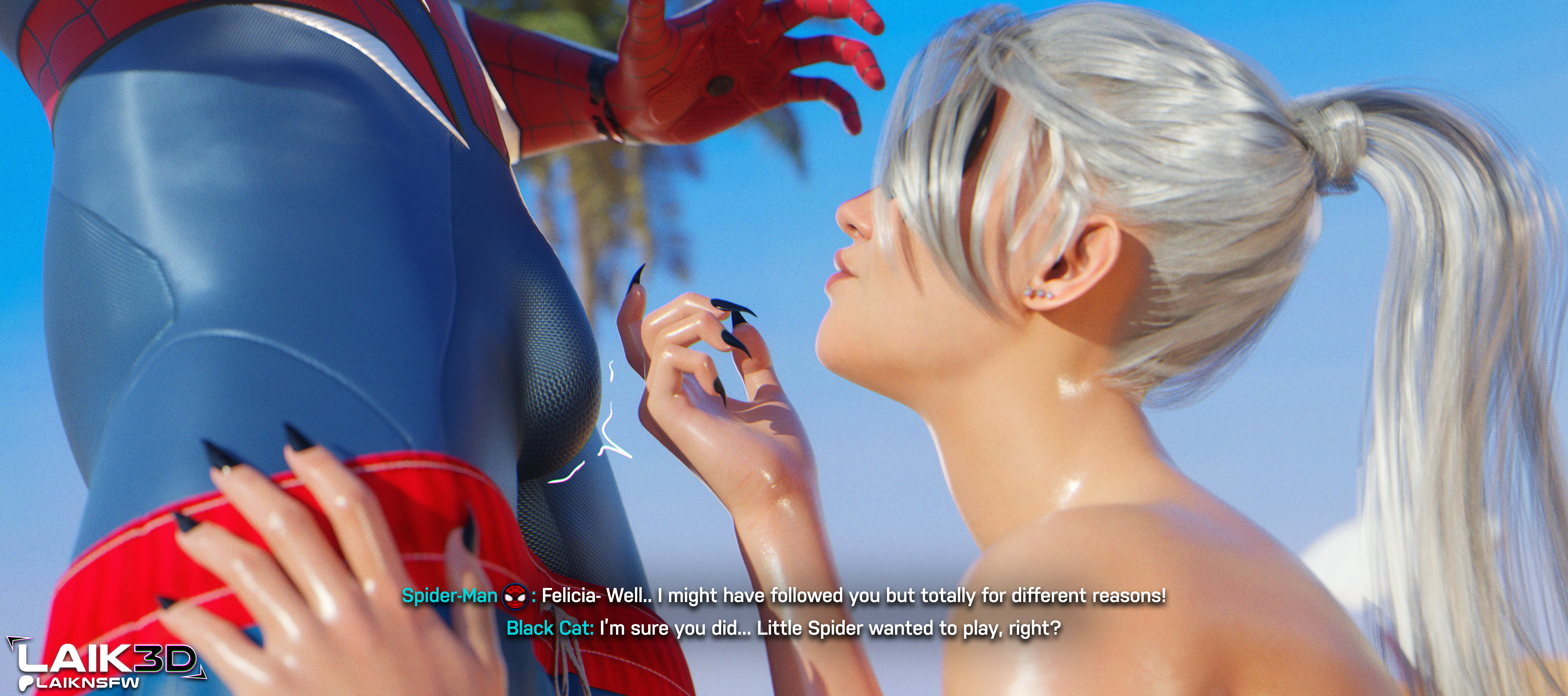 1boy, 1boy1girl, 1girls, 2025, 3d, 3d (artwork), beach, black cat (insomniac), black cat (marvel), black nail polish, bulge, bulge through clothing, bulge under clothes, claws, cock, comic, comic page, comic panel, completely naked, completely nude, couple, couple (romantic), couples, dialogue, felicia hardy, female, high resolution, highres, itslaiknsfw, laik3d, laiknsfw, male, marvel, marvel comics, nail polish, nails, naked, naked female, nude, nude female, penis, peter parker, ponytail, romantic, romantic couple, spider-man, spider-man (insomniac series), spider-man (insomniac), spider-man (ps4), spider-man (series), spider-man 2 (ps5), superhero, superhero couple, superheroine, sweat, white hair