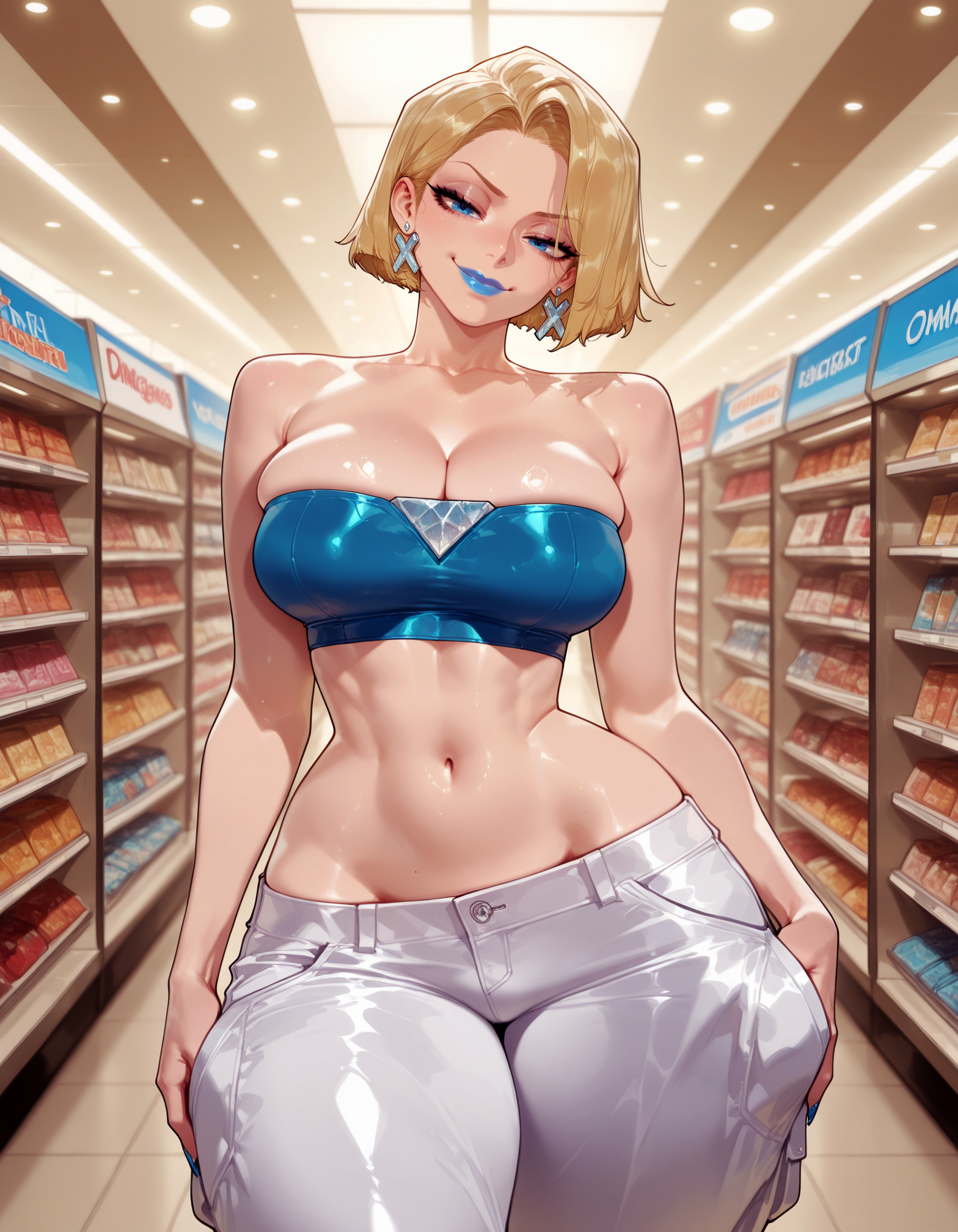 1girls, ai generated, balecxi, bandeau, bangs, bare arms, bare shoulders, blonde hair, blue eyes, blue lips, blue nails, breasts, ceiling, clavicle, cleavage, clothing, collarbone, convenience store, crop top, cross earrings, curvaceous, curvaceous female, curvaceous figure, curvy, curvy figure, earrings, emma frost, emma frost (marvel rivals), eyeshadow, female, female focus, female only, fingernails, forehead, half-closed eyes, hands in pockets, head tilt, indoors, jewelry, large breasts, linea alba, lips, lipstick, looking at viewer, makeup, marvel, marvel comics, marvel rivals, mature female, midriff, narrow waist, naughty face, navel, pants, parted hair, shiny clothes, shiny skin, shop, shopping, short hair, skindentation, smile, solo, standing, star earrings, stomach, strapless, thick thighs, thighs, tile floor, tiles, tube top, voluptuous, voluptuous female, white pants, wide hips
