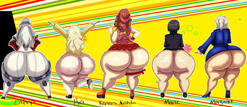 5girls, ass, ass bigger than head, ass chart, ass comparison, ass focus, big ass, black hair, bottom heavy, bottomless, brown hair, chart, clothing, fat ass, female, female only, gluteal fold, height difference, huge ass, labrys, large ass, lineup, long hair, mackdazzle, margaret (persona), marie (persona 4), mashita kanami, massive ass, megami tensei, multiple females, multiple girls, persona, persona 4, persona 4 arena, persona 4: dancing all night, persona q, png, rear view, rei (persona), robot, robot girl, shoes, short hair, thick ass, thick thighs, thunder thighs, white hair, wide hips