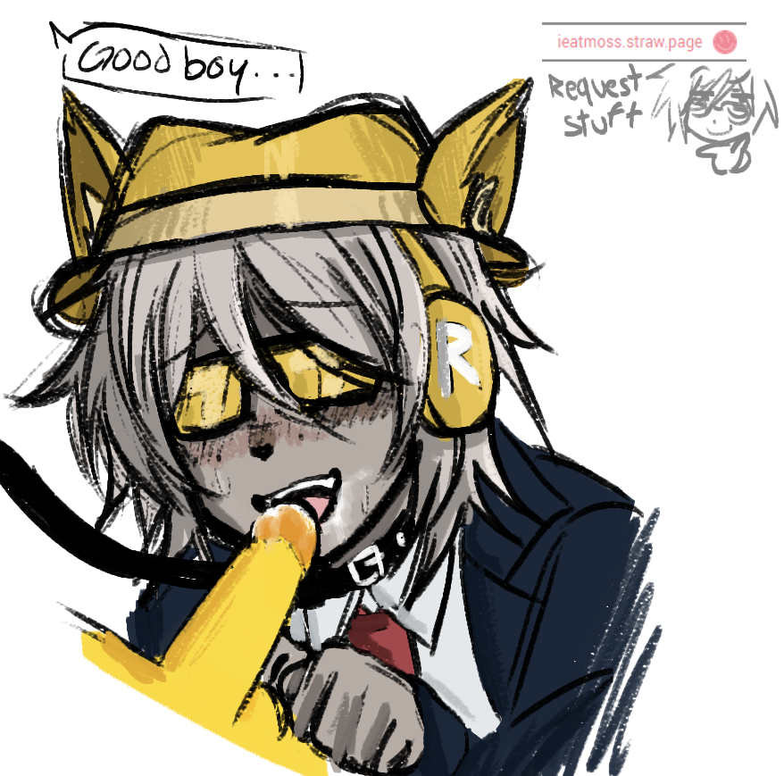 2boys, anonymous male, chance (forsaken), cum on face, dog chance (forsaken), dog ears, forsaken (roblox), hat, headphones, leash, male, nonbinary (lore), puppy boy, roblox, roblox game, robloxian, strawpage, sucking, tagme, yellow glasses