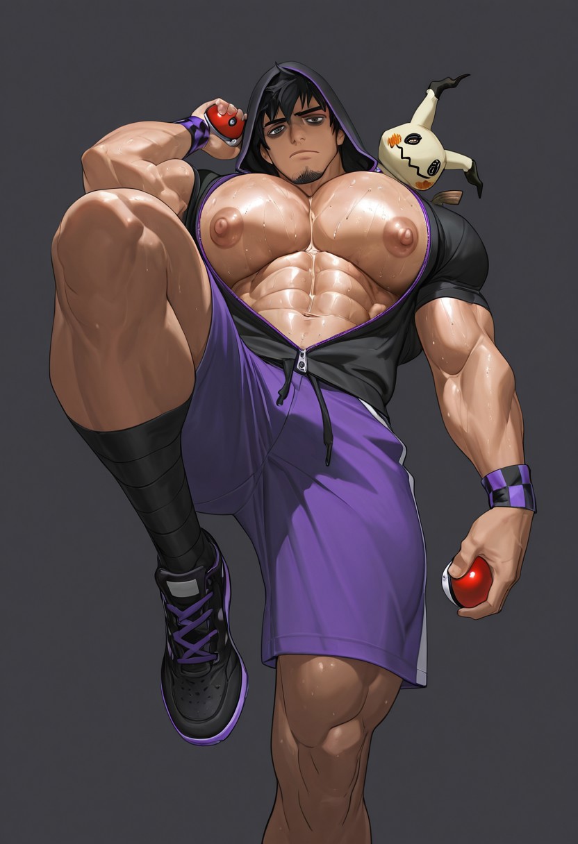 abs, ai, ai generated, bara, bara tiddies, bara tits, big breasts, big chest, black hair, breasts, cumslutr4ih4n, generation 7 pokemon, male, male only, mimikyu, muscular, muscular male, pokemon, pokemon (species), yaoi