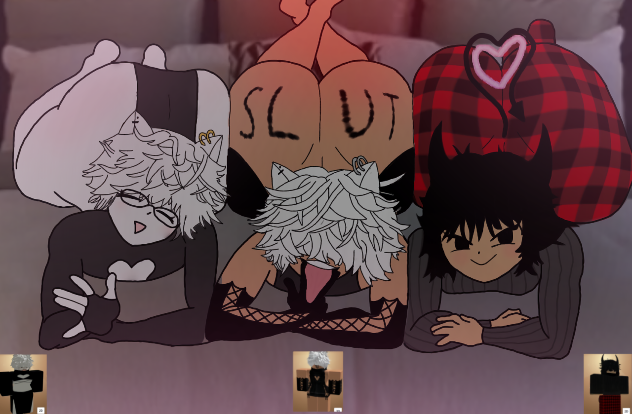 2d, 3boys, 3femboys, ass, big ass, black hair, black tail, celfan, checkered clothes, face down ass up, femboy, glasses, grin, heart cutout, heart symbol, huge ass, laying down, laying on stomach, lying down, lying on stomach, male, naughty, naughty face, on bed, reference image, roblox, roblox avatar, robloxian, self upload, slut calling, slut print, tagme, tan body, tan skin, tongue out, white hair, white skin
