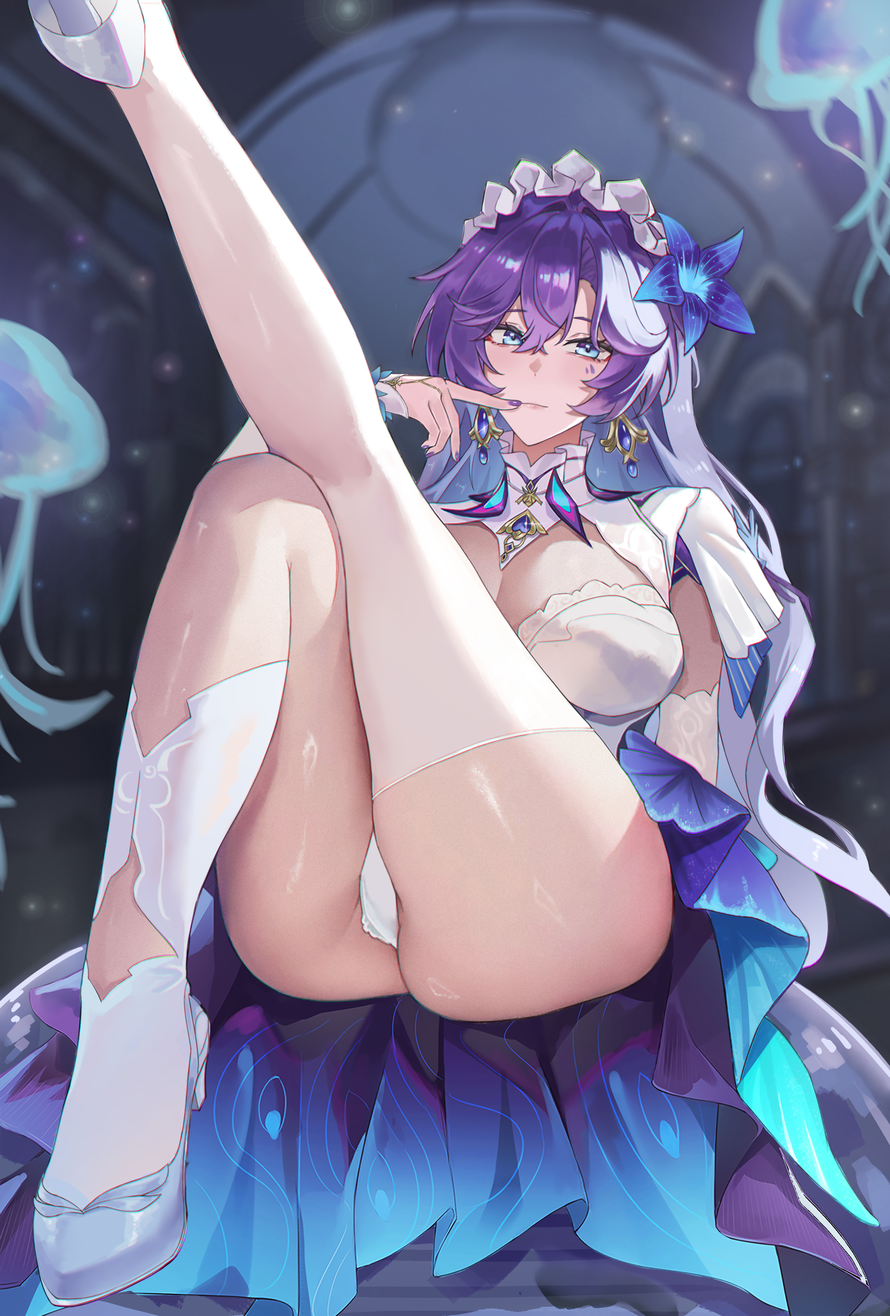 a-chuang, absurdres, ass, asymmetrical legwear, blue eyes, blue flower, blue hair, breasts, cantarella (wuthering waves), closed mouth, colored inner hair, commentary, crop top, earrings, facial mark, female, finger to mouth, flower, hair between eyes, hair flower, hair ornament, headdress, high heels, highres, huge ass, jellyfish, jewelry, large breasts, leg up, legwear cutout, long hair, looking at viewer, mark under eye, multicolored hair, nail polish, panties, purple hair, purple nails, shoes, shrug (clothing), single thighhigh, sitting, socks, solo, thick thighs, thighhighs, thighs, underwear, uneven legwear, very long hair, white panties, white shoes, white shrug, white socks, white thighhighs, wide hips, wuthering waves