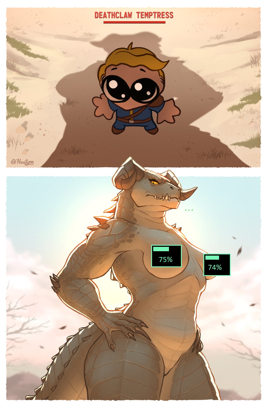 1boy, 1girls, 2 horns, 5 fingers, anthro, areola, artist name, big breasts, breasts, brown areola, brown nipples, claws, cloud, collar, deathclaw, detailed background, electricity, eyelashes, fallout, female, fingers, gameplay mechanics, genitals, hazard symbol, hi res, horn, huge breasts, innie pussy, lightning, looking at viewer, male, microsoft, muscular, muscular female, nipple dip, nipples, nude, outside, pussy, radiation, radiation symbol, scalie, sharp teeth, sky, smile, solo, symbol, teeth, tenynn, thick thighs, v.a.t.s., wet, wide hips, yellow sclera