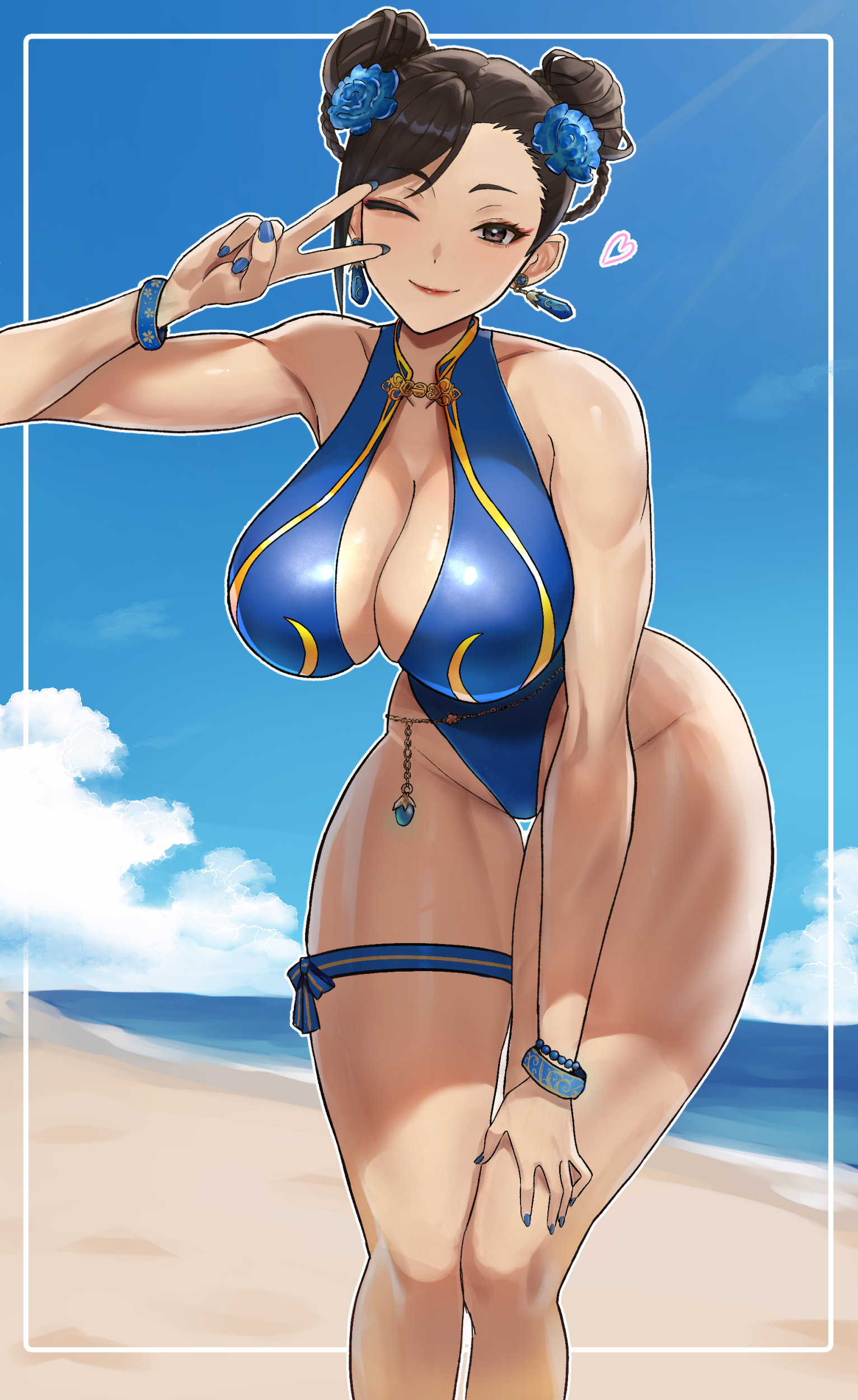 absurdres, alternate costume, bare legs, bare shoulders, beach, black hair, blue flower, blue nails, blue one-piece swimsuit, blue sky, bracelet, braid, breasts, capcom, chun-li, cleavage, closed mouth, cloud, cloudy sky, collarbone, commentary request, curvy, double bun, earrings, eyeliner, feet out of frame, female, flower, hair bun, hair flower, hair ornament, hand on own leg, heart, highleg, highleg one-piece swimsuit, highres, horizon, jewelry, large breasts, leaning forward, looking at viewer, makeup, nail polish, nrudr0kk, ocean, official alternate costume, one eye closed, one-piece swimsuit, outdoors, red eyeliner, red lips, sand, sky, smile, solo, street fighter, street fighter 6, swimsuit, thick thighs, thigh gap, thigh strap, thighs, thong one-piece swimsuit, v, water, wide hips
