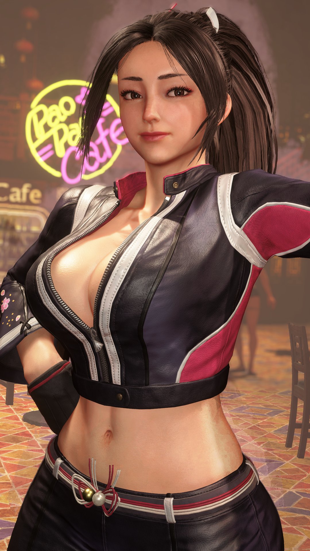 1girls, 3d, black jacket, black pants, cropped jacket, fatal fury, fatal fury: city of the wolves, female, female focus, female only, game screenshot, leather jacket, leather pants, mai shiranui, mai shiranui (city of the wolves), mai shiranui (street fighter 6), screencap, screenshot, sf screenshot, snk, solo, street fighter, street fighter 6
