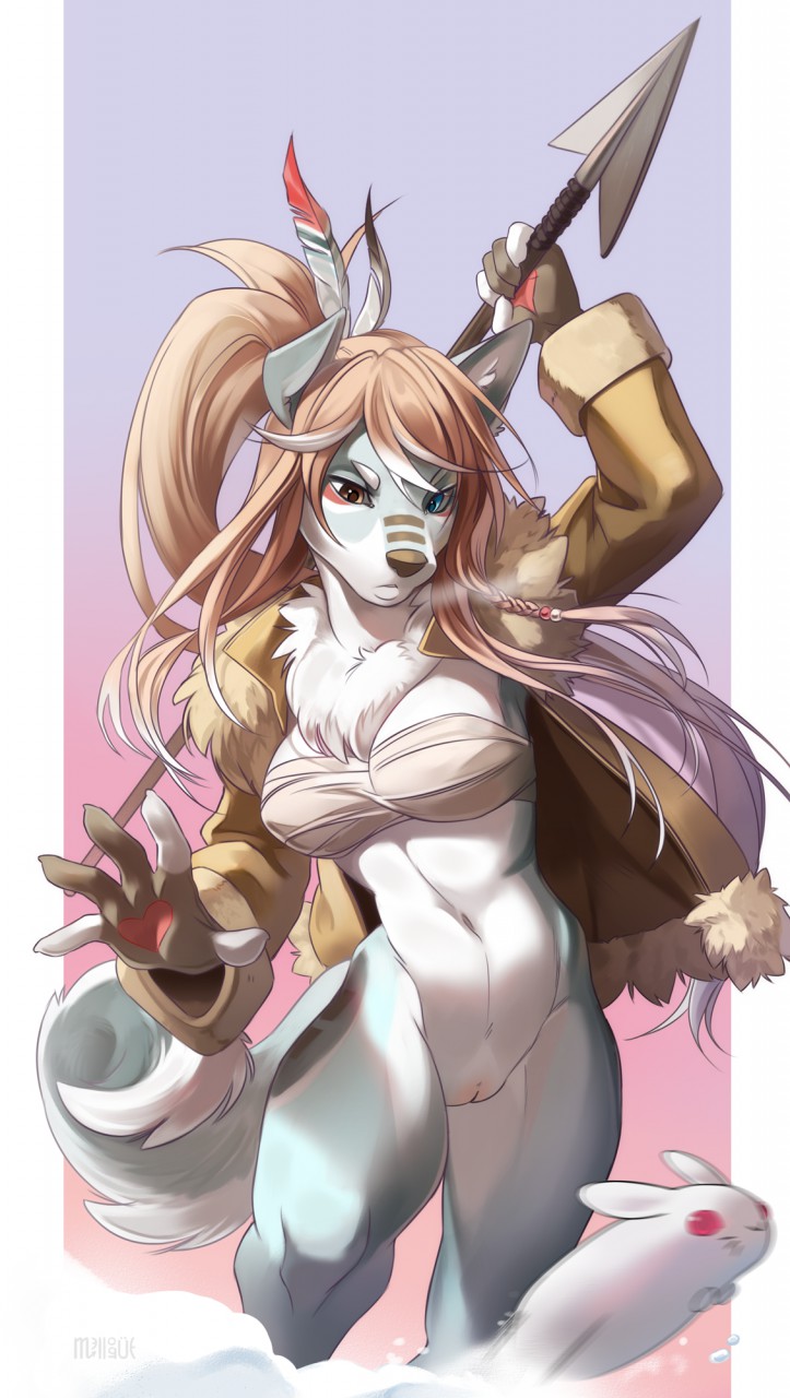 2016 anthro bra canine clothing coat feathers female feral hair lagomorph long_hair mammal melee_weapon melloque pink_eyes polearm pussy rabbit snow spear underwear weapon