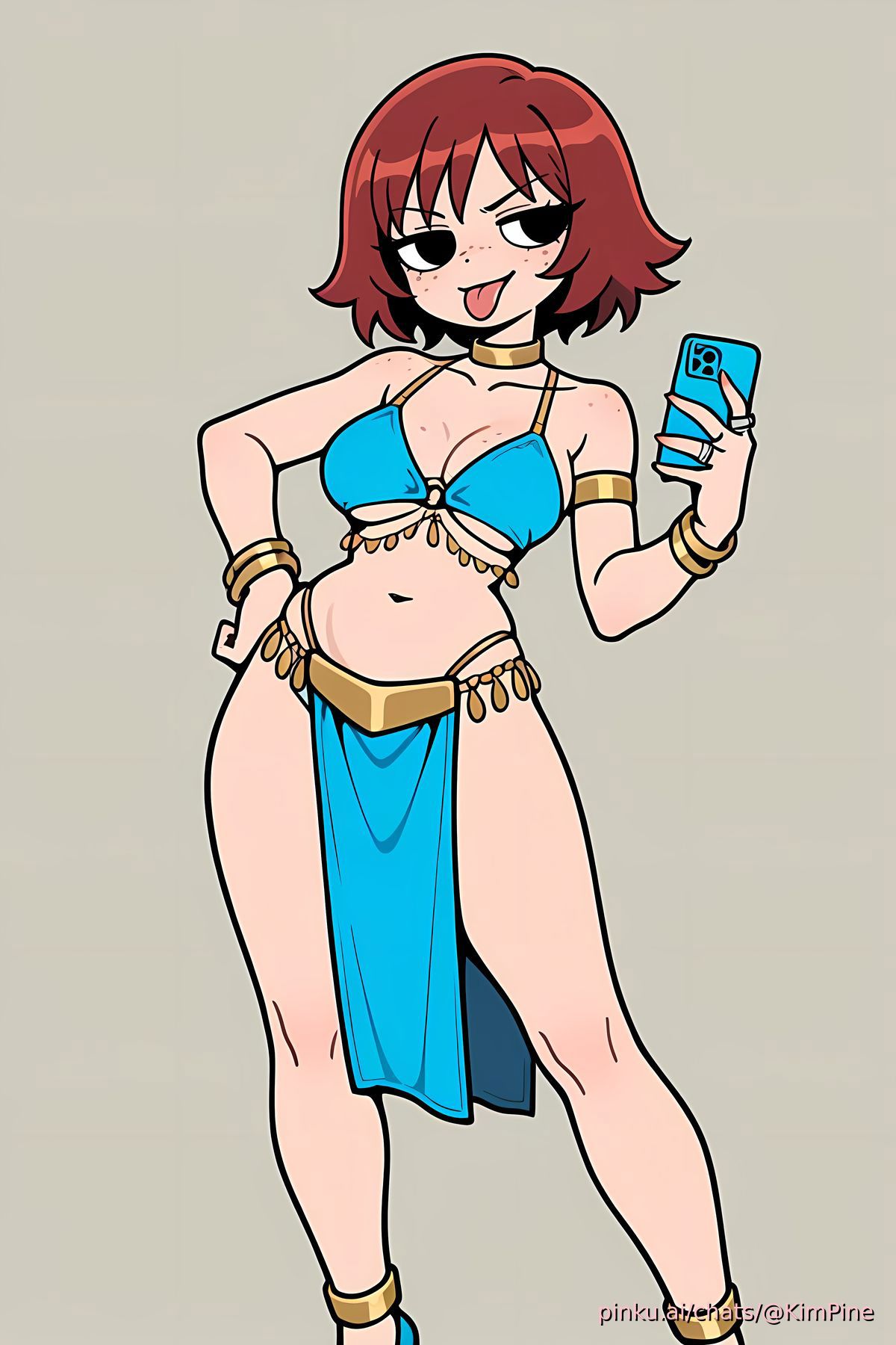 1girls, ai generated, ankle cuffs, arm band, belly dancer, belly dancer outfit, black eyes, breasts, collar, exposed thighs, female, freckles, freckles on breasts, freckles on face, freckles on shoulders, gold jewelry, harem girl, harem outfit, high heels, hourglass figure, kim pine, kimberly pine, midriff, pelvic curtain, phone, pinku.ai, presenting pussy, pussy, red hair, ring, ring bra, rings, scott pilgrim, scott pilgrim takes off, selfie, sex slave, slave, smug face, sticking out tongue, tagme, taking picture, taking selfie