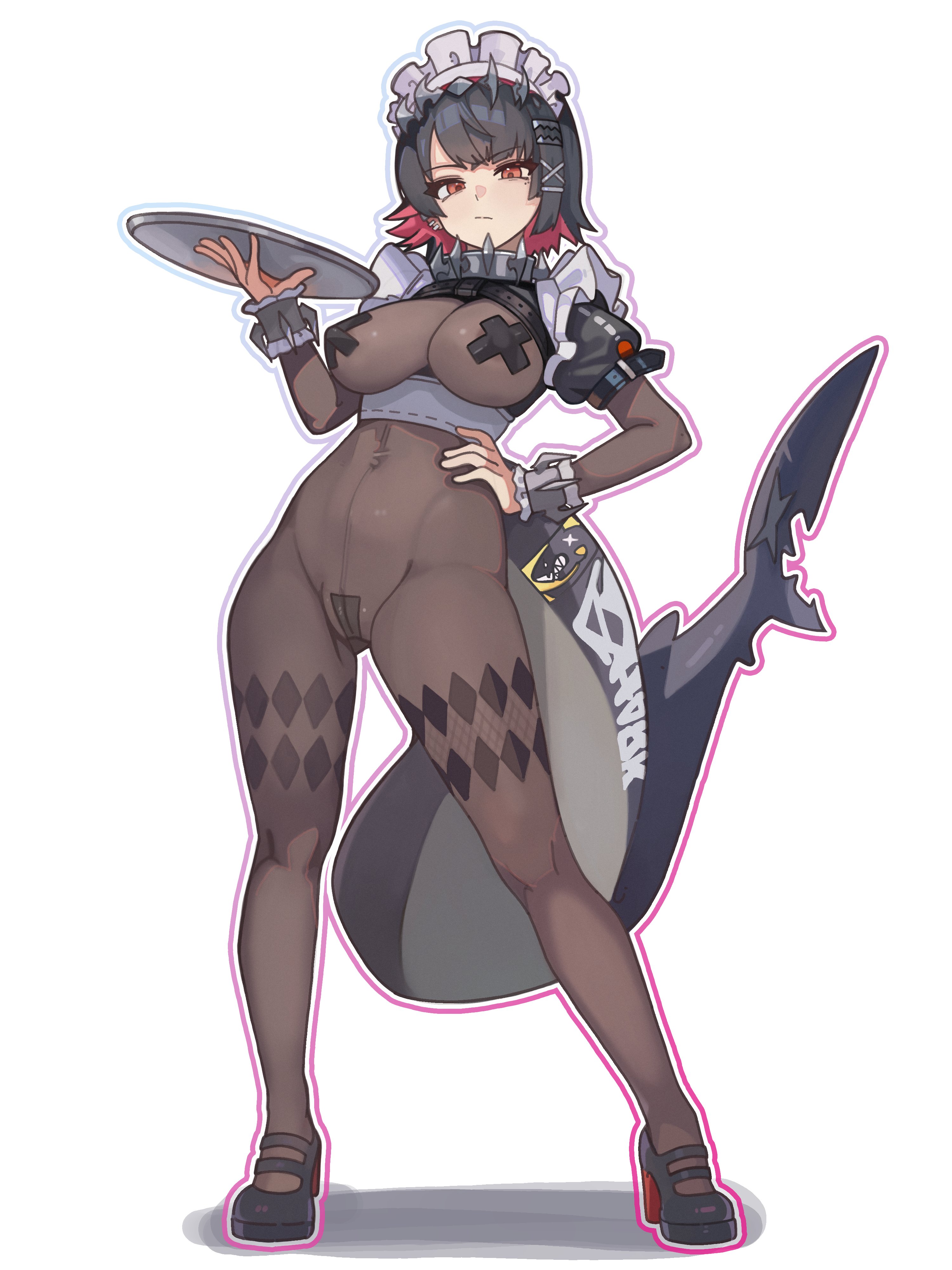 1girls, 2025, black hair, breasts, ear piercing, ellen joe, female, hair ornament, hand on hip, heels, hoyoverse, looking at viewer, maebari, maid headdress, navel, nipple tape, piercing, red eyes, rehu (astd5787), see-through, see-through clothing, shark girl, shark tail, short hair, standing, tagme, tail, thighs, two-tone hair, zenless zone zero