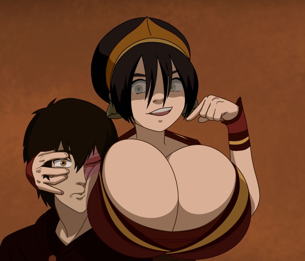 1boy, 1girl, ass, avatar the last airbender, big breasts, black hair, breasts, brown eyes, burn scar, cleavage, close-up, edit, faceless, faceless female, female, hetero, high resolution, huge breasts, looking down, male, massive breasts, open mouth, scar, scar on face, screen capture, short hair, teeth, top heavy, toph bei fong, zuko