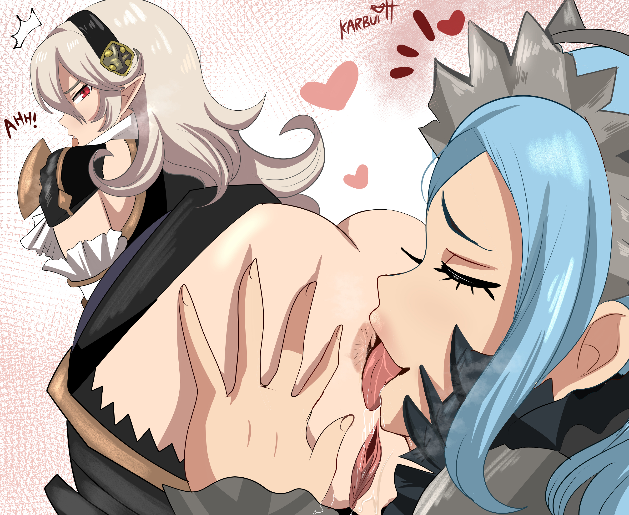2girls, analingus, anus, artist name, ass, black hairband, blue hair, closed eyes, corrin (fire emblem), corrin (fire emblem) (female), eating ass, female, female only, fire emblem, fire emblem fates, flora (fire emblem), hairband, karbuitt, large ass, licking, licking anus, licking ass, long hair, nintendo, open mouth, pussy, red eyes, rimjob, rimming, rimming female, saliva, tongue, tongue out, wet, wet pussy, white hair, yuri