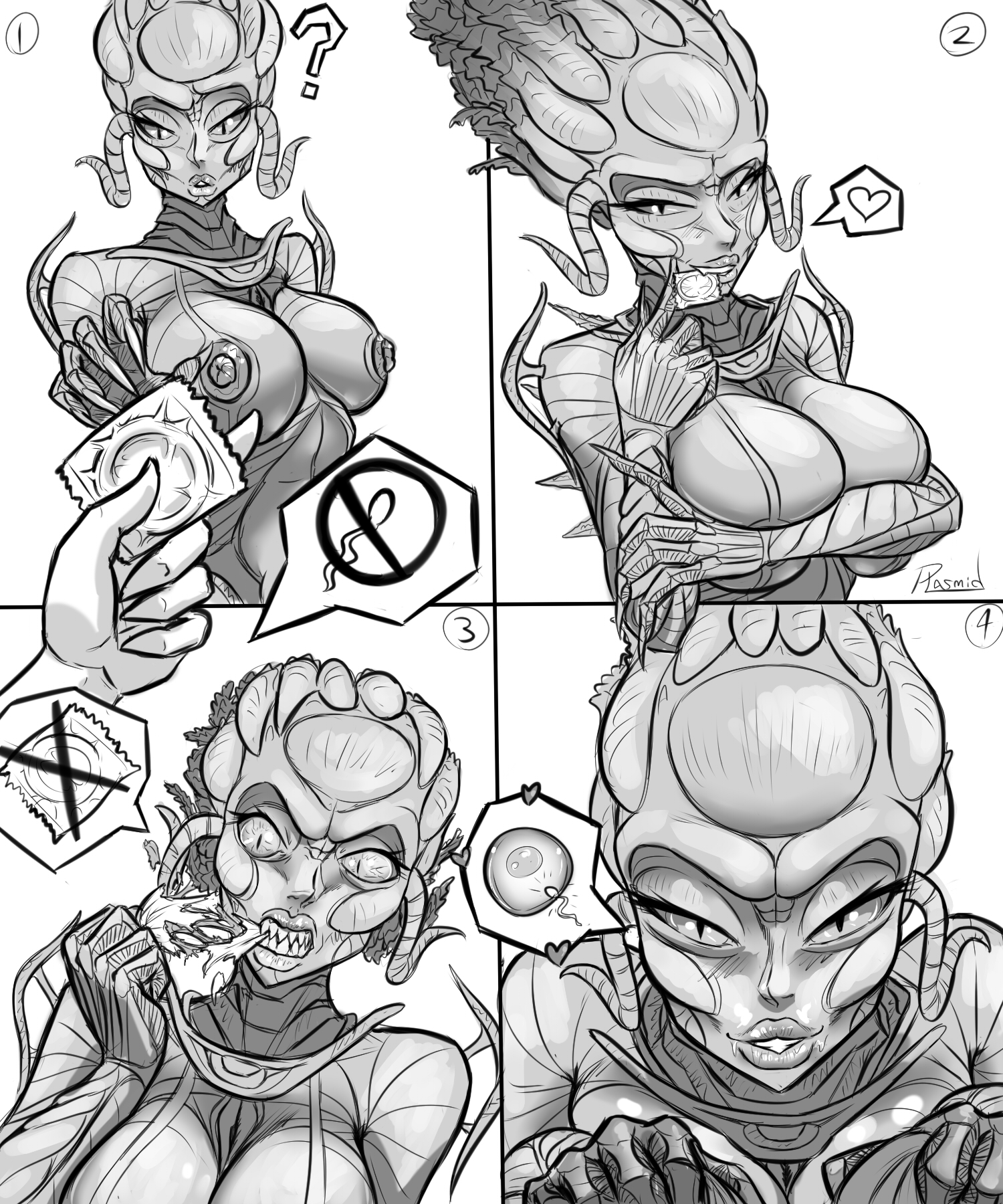 alien, alien girl, alien humanoid, big breasts, breasts, comic, condom, condom rejection, female, impregnation request, mini comic, nipples, plasmidhentai, sharp fingernails, sil, species (franchise)