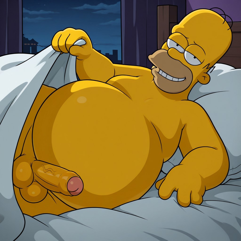 ai generated, bara, chubby, chubby male, fat male, foreskin, homer simpson, inviting, male, male only, penis, the simpsons, uncircumcised, yaoi