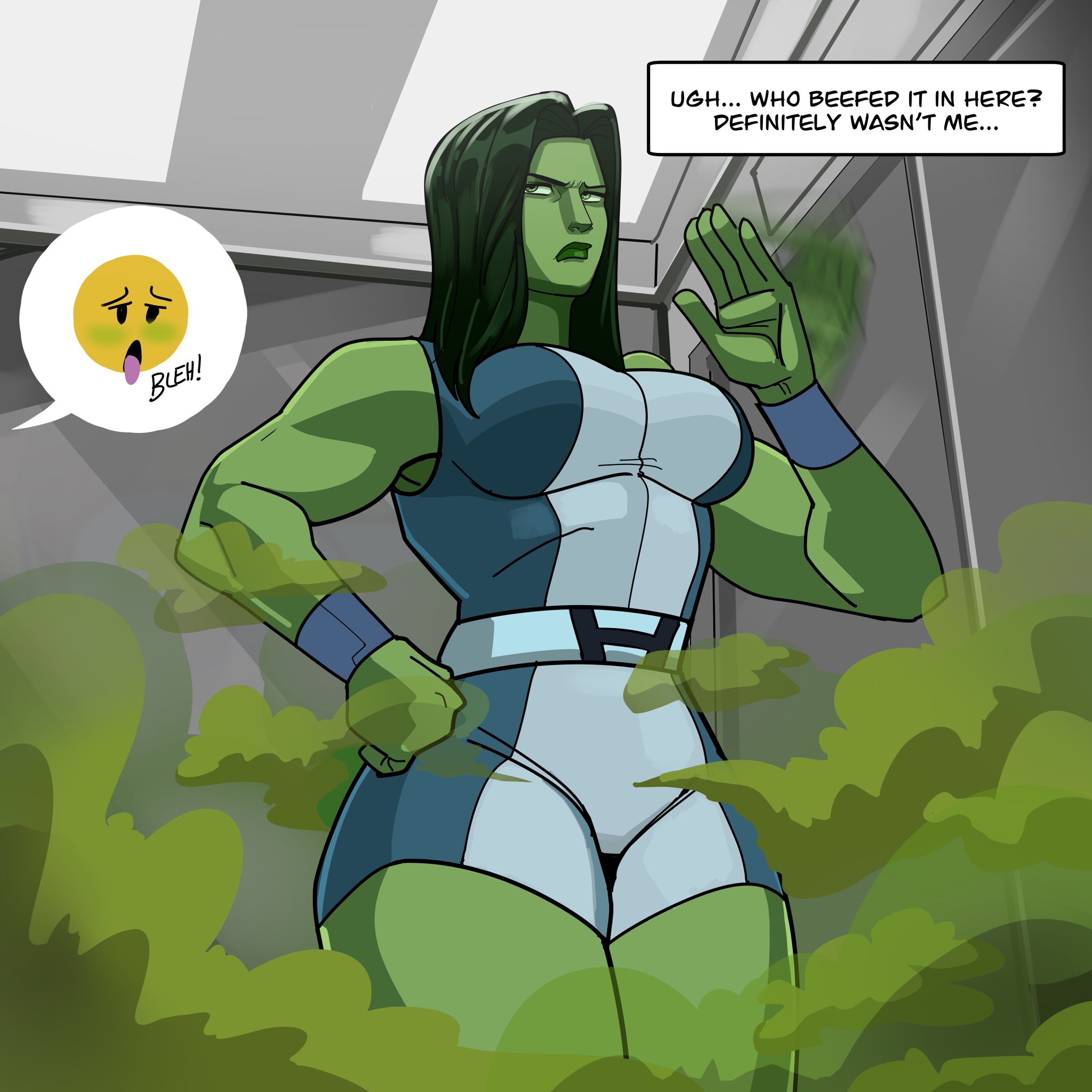 fart, fart cloud, fart fetish, farting, female, green skin, hotbox, lolotron, marvel, marvel comics, muscular, muscular female, she-hulk