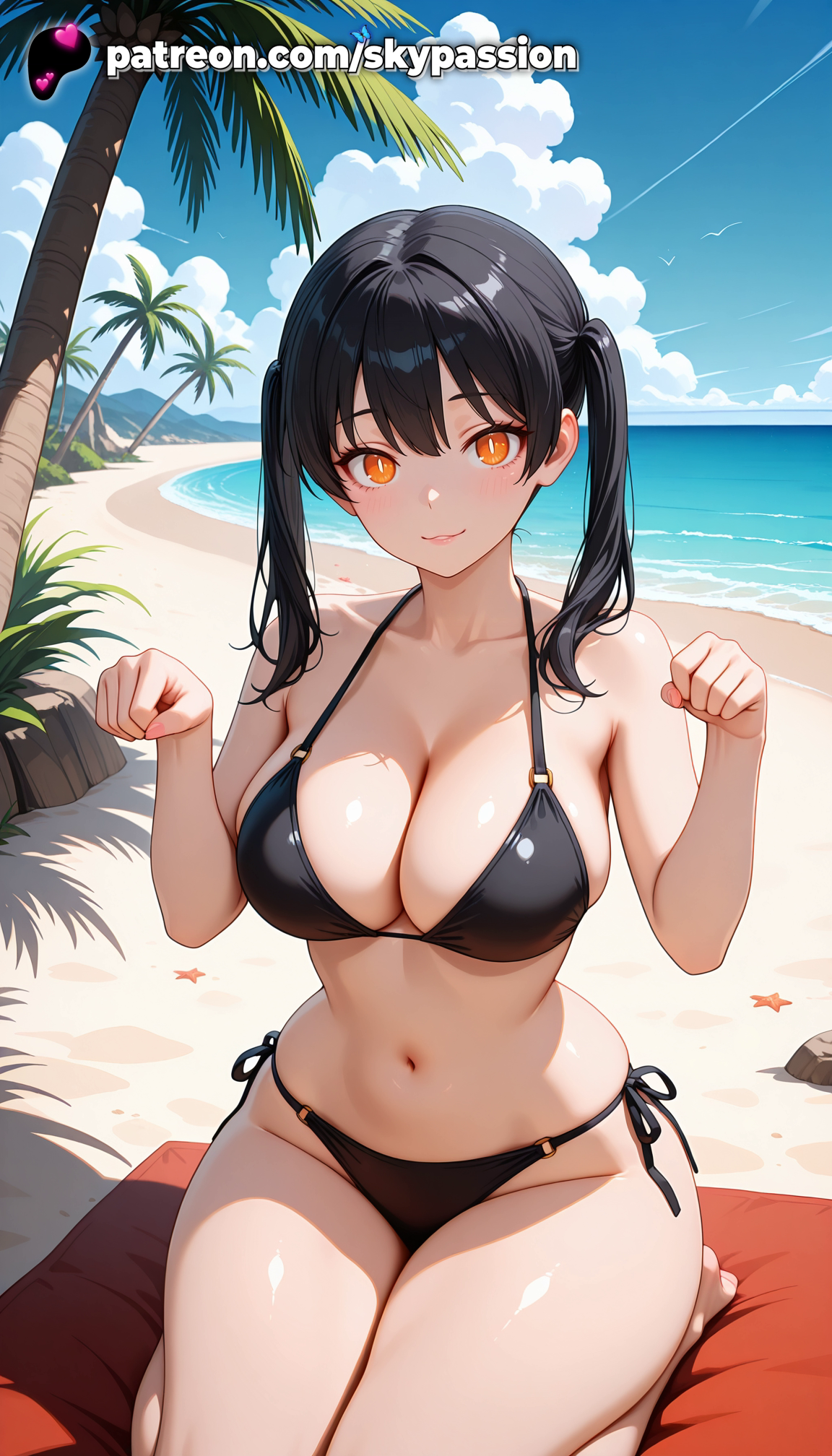 1girls, 2025, ai assisted, ai generated, anime, artist name, bamboo, bangs, barefoot, beach, big breasts, big chest, bikini, bird, black bikini, black hair, blue sky, blush, branch, breasts, bust, busty, chest, cleavage, cloud, cloudy sky, coconut, day, enen no shouboutai, explicit, female, fire force, hi res, high quality, high resolution, highres, horizon, island, kotatsu tamaki, large breasts, leaf, long hair, looking at viewer, navel, ocean, outdoors, palm leaf, palm tree, patreon, patreon username, plant, potted plant, sand, seagull, shore, side-tie bikini, sitting, sky, skypassion, smile, solo, stable diffusion, starfish, swimsuit, tamaki kotatsu, tanzaku, thighs, tree, twintails, watermark