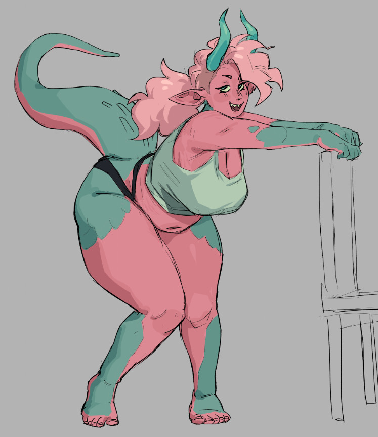 1futa, 2d, big breasts, big tail, blush, breasts, catgrrrlriot, chair, chubby, chubby futa, color, dragon girl, futa only, futanari, half closed eyes, hanging breasts, horn, horns, large breasts, leah (catgrrrlriot), leaning, leaning forward, leaning on chair, leaning on object, light hair, mischievous, mischievous smile, multicolored skin, naughty, naughty face, no legwear, no pants, open mouth, open smile, original character, panties, pink skin, pointy ears, ponytail, sharp teeth, simple background, smile, solo, solo focus, solo futa, tail, tank top, tank top only, thick tail, thick thighs, trans woman, transfem, transgender, turquoise eyes, turquoise skin, white tank top, wide hips