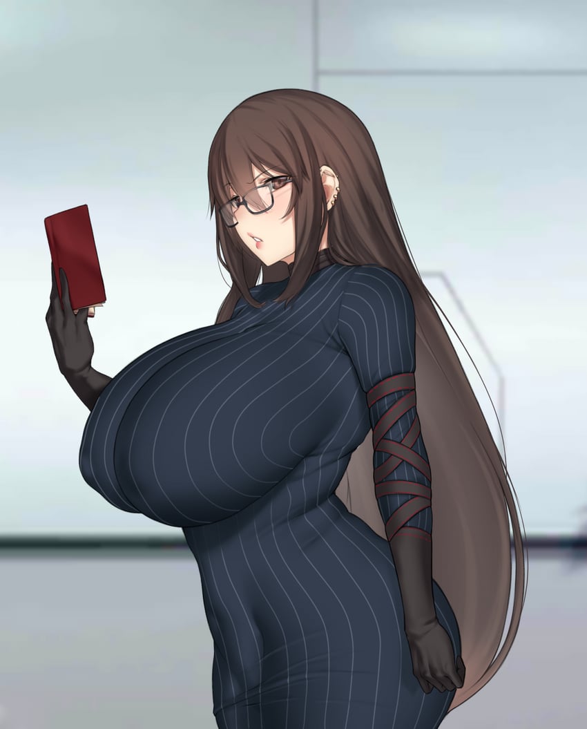 angry, aster crowley, book, brown eyes, brown hair, chaldea (fate), clothed, curvy, fate (series), fate/grand order, glasses, lips, long hair, piercings, standing, yu mei-ren (fate), yu miaoyi (fate)