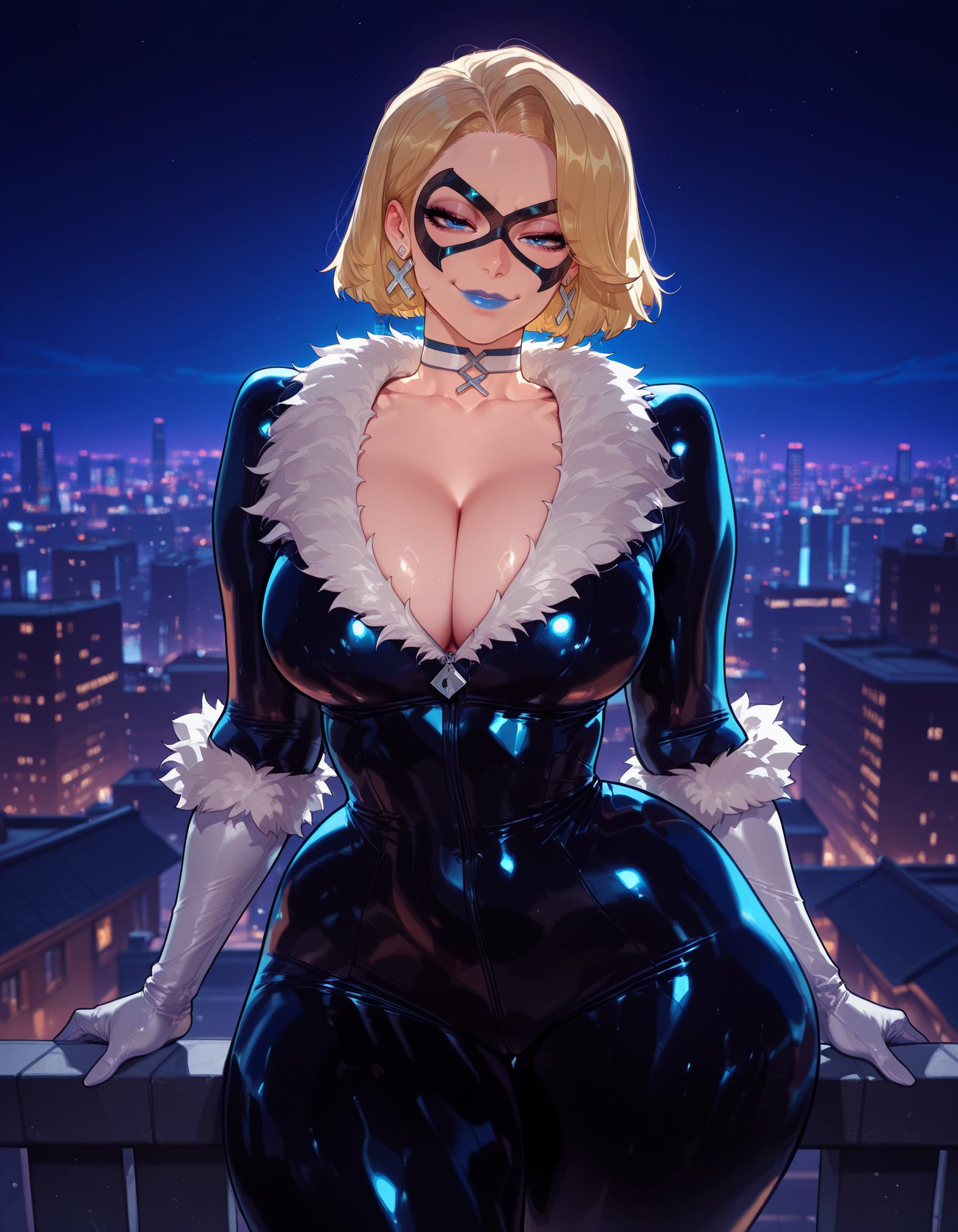 1girls, ai generated, ass, balecxi, bangs, big ass, bimbo, bimbo body, black bodysuit, black cat (cosplay), blonde hair, blue eyes, blue lips, bodysuit, breasts, building, child bearing hips, choker, city, city lights, cityscape, cleavage, clothing, collarbone, curvaceous, curvaceous ass, curvaceous body, curvaceous female, curvaceous figure, curvaceous hips, curvaceous thighs, curvy, curvy body, curvy female, curvy figure, curvy hips, curvy thighs, domino mask, earrings, elbow gloves, emma frost, emma frost (marvel rivals), female, female focus, female only, fur trim, fur-trimmed gloves, gloves, half-closed eyes, jewelry, large ass, large breasts, latex, latex bodysuit, lips, lipstick, looking at viewer, makeup, marvel, marvel comics, marvel rivals, mask, mature female, naughty face, night, night sky, open bodysuit, outdoors, seductive smile, shiny clothes, short hair, skin tight, sky, smile, solo, solo female, solo focus, star earrings, superhero, thick, thick ass, thick butt, thick hips, thick legs, thick thighs, thighs, voluptuous, voluptuous female, waifu, white choker, white gloves, wide hips