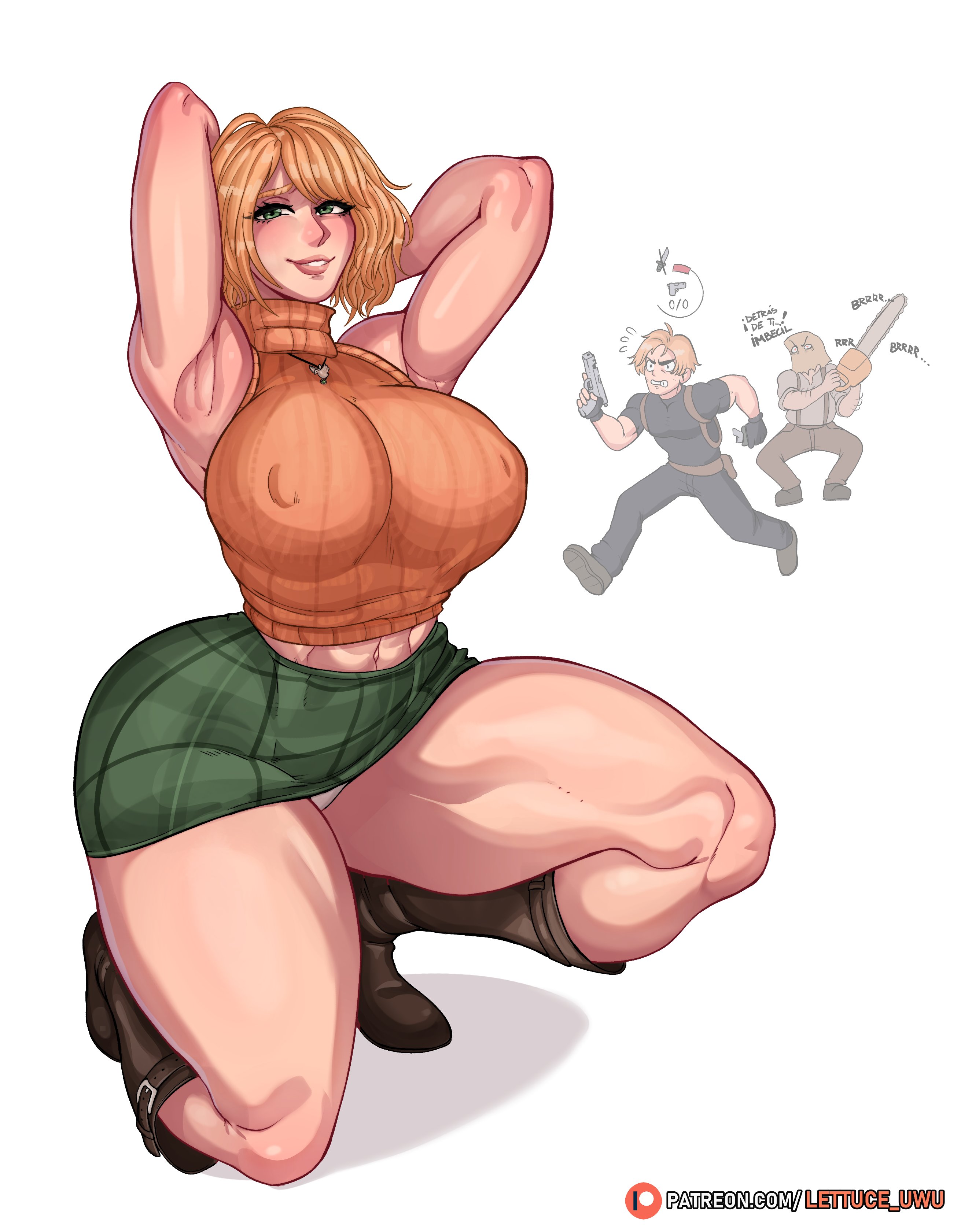 1girls, 2boys, armpits, ashley graham, breasts, female, female focus, large breasts, leon scott kennedy, lettuce uwu, light skin, light-skinned female, looking at viewer, male, muscular, muscular thighs, resident evil, skirt, thick thighs, thighs, white background, wide hips