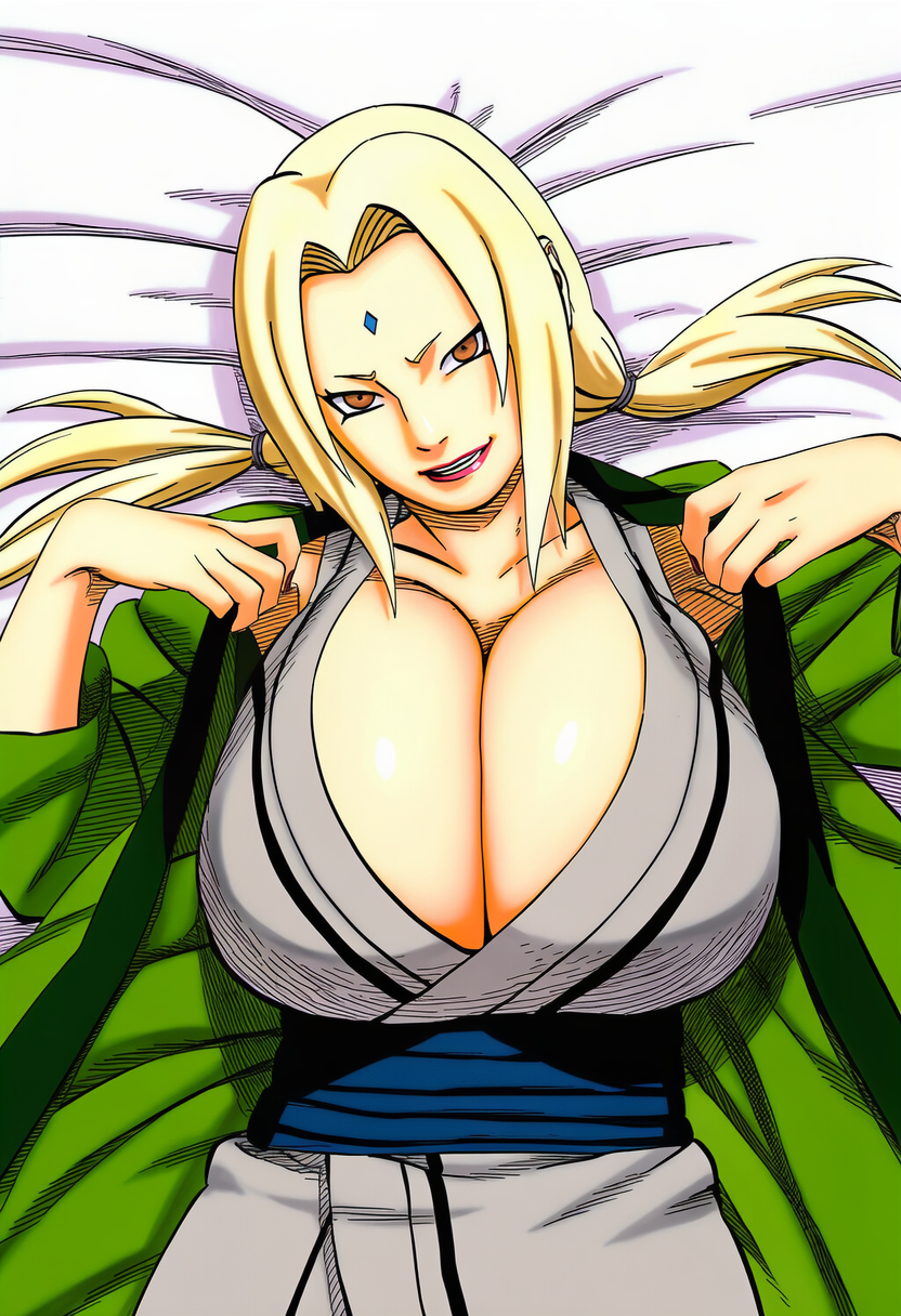 1girls, accurate art style, accuratemanga, ai generated, big breasts, blonde hair, blush, breasts, breasts bigger than head, brown eyes, bursting breasts, clothing, cowboy shot, female, female only, flashing, flashing breasts, haori, highres, huge breasts, kimono, large breasts, lipstick, lying on back, lying on bed, makeup, manga style, masashi kishimoto style, mature, mature female, milf, naruto, naruto (classic), naruto (series), naruto shippuden, nipples, no bra, no panties, open clothes, oppai, presenting, presenting breasts, sagging breasts, showing breasts, sweat, sweatdrop, tsunade, undressing, voluptuous, voluptuous female, wafuku, wide hips, wide sleeves