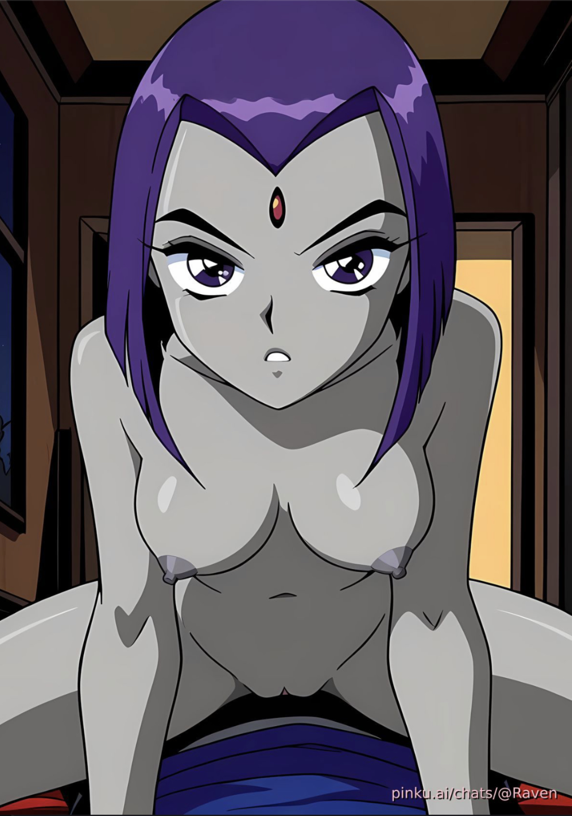 1girls, 1other, accurate art style, ai generated, ambiguous gender, boobs, breasts, cowgirl position, dc, dc comics, female, grey body, grey skin, hairless pussy, leaning forward, medium breasts, naked, nipples, nude, povlust, purple hair, pussy, raven (dc), short hair, tummy