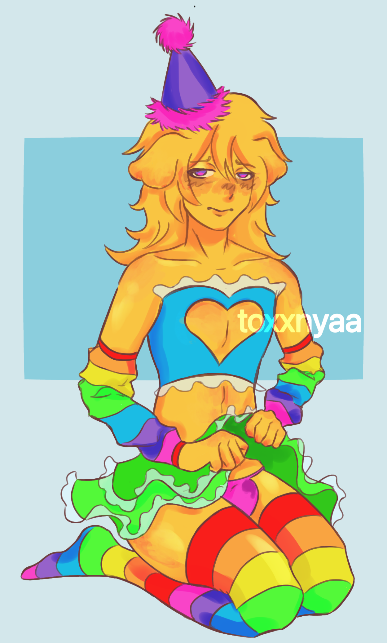 1other, ambiguous gender, armwear, artist name, blush, blushing, bulge, dog ears, femboy, feminine, feminine body, flat chest, leaking precum, lifting skirt, looking at viewer, male, nervous, nonbinary, on knees, party hat, poob (regretevator), presenting, purple eyes, rainbow clothing, rainbow legwear, rainbow socks, regretevator, roblox, roblox game, robloxian, self upload, skirt, skirt lift, skirt up, solo, solo focus, thighhighs, thighs, toxxnyaa, watermark, yellow body, yellow hair