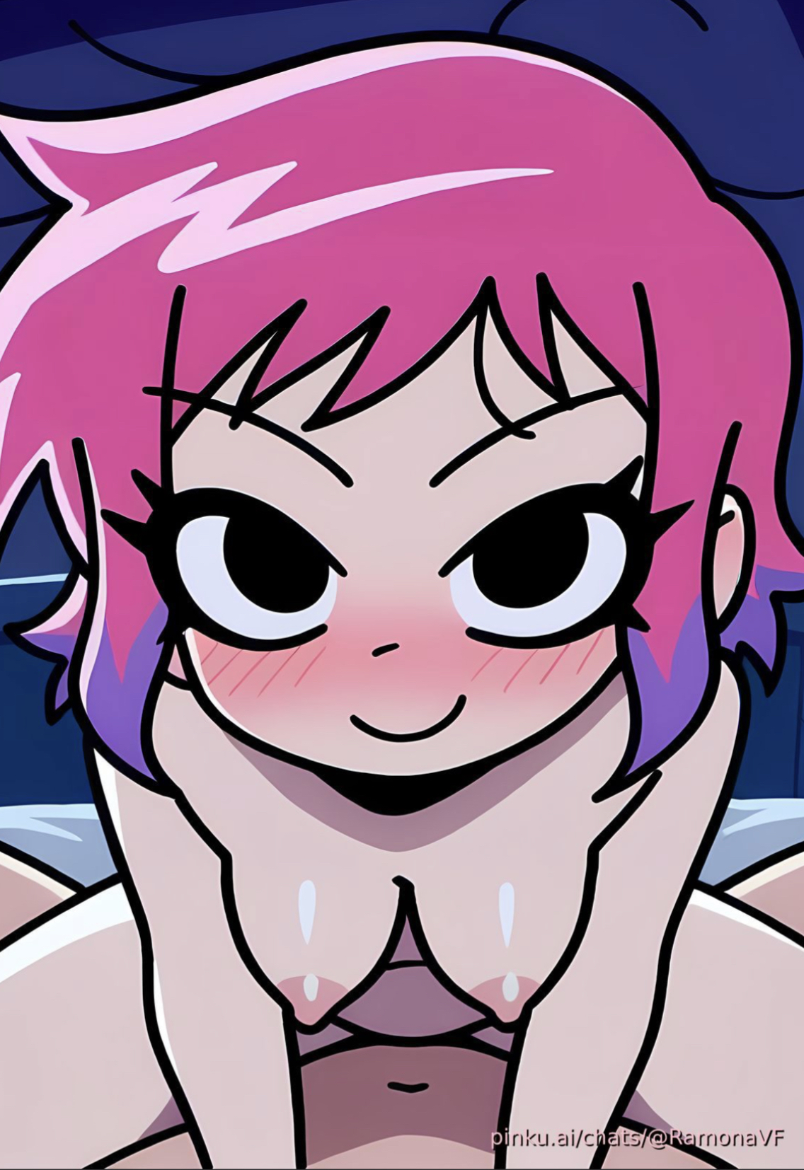 accurate art style, ai generated, blush, breasts, cowgirl position, dyed hair, female, leaning forward, medium breasts, povlust, ramona flowers, scott pilgrim, scott pilgrim takes off, short hair, smile