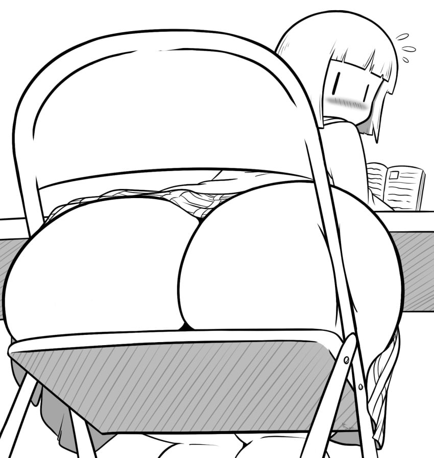 1girls, ass, ass focus, big ass, black and white, blush, digital media (artwork), female, female only, flashing, hi res, mob face, nichijou, sekiguchi yuria, sitting, sketch, skirt, skirt up, solo, solo focus, stuck in chair, xt ecchi