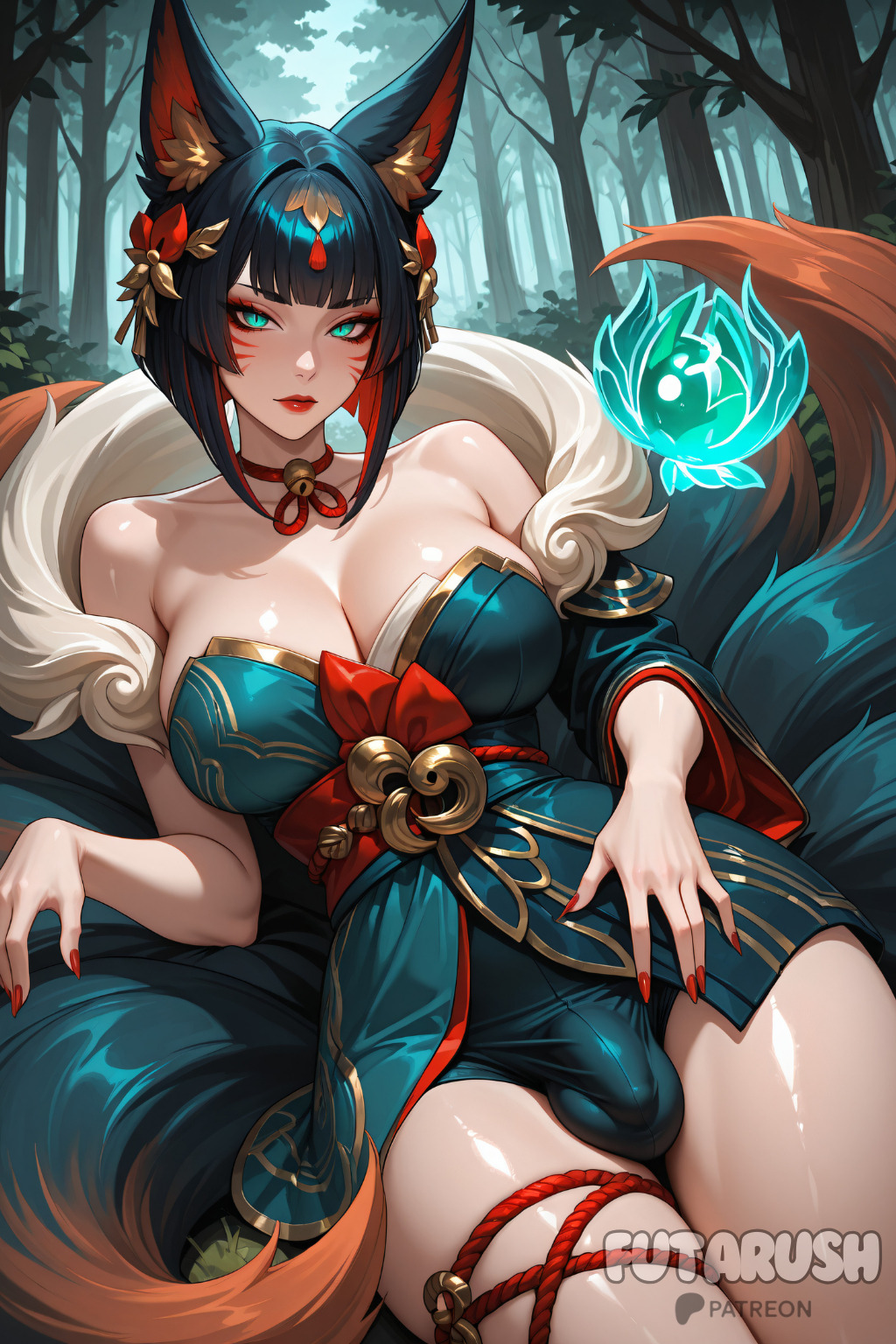 1futa, after hours spirit blossom springs ahri, ahri, ahri (league of legends), ai generated, animal ears, bangs, bare shoulders, bell, black hair, breasts, bulge, cleavage, facial mark, forest, fox ears, fox tail, futanari, futarush, hair ornament, intersex, large breasts, league of legends, looking at viewer, multi tail, nail polish, nature, outdoors, patreon, patreon username, red nails, riot games, short hair, solo, sultryspark, tail, tree