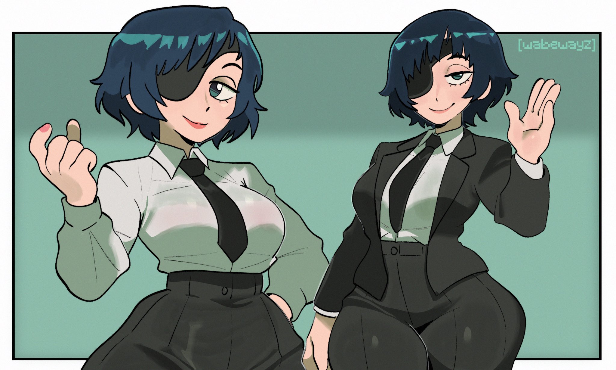 ai art, ai assisted, ai generated, big breasts, big thighs, big titties, breasts, chainsaw man, clothing, curvaceous, curvaceous female, curvaceous figure, curvy, curvy figure, curvy hips, female, female focus, female only, green hair, himeno (chainsaw man), looking at viewer, short hair, wabewayz