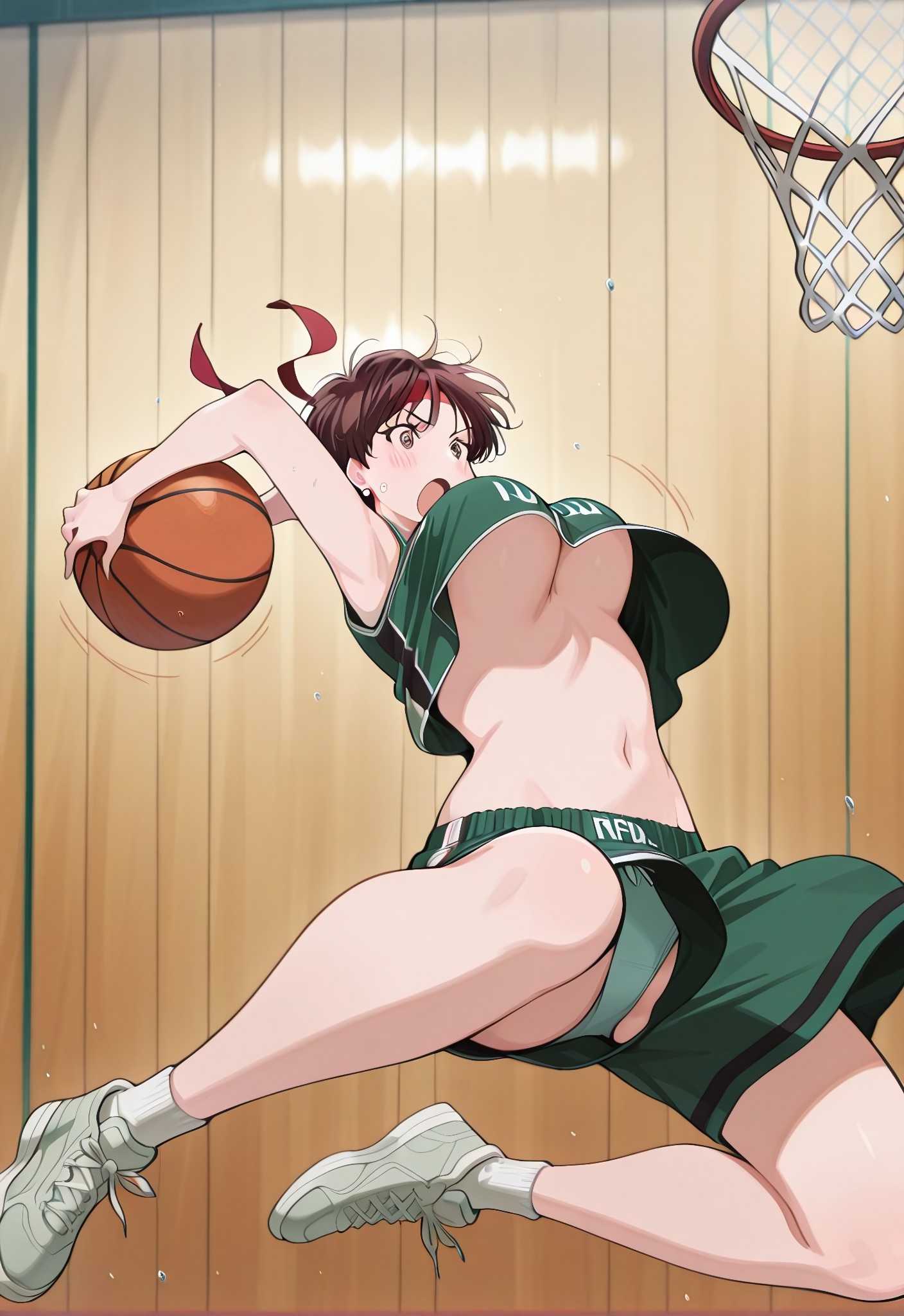 1girls, ai generated, bandana, basketball, basketball (ball), basketball hoop, basketball jersey, basketball uniform, breasts, civitai, female, female focus, female only, green panties, hylian r34, large breasts, panchira, panchira (jumping), panties, pantyshot, rebecca chambers, red bandana, resident evil, resident evil 0, resident evil 2, rpd uniform, tagme, underboob