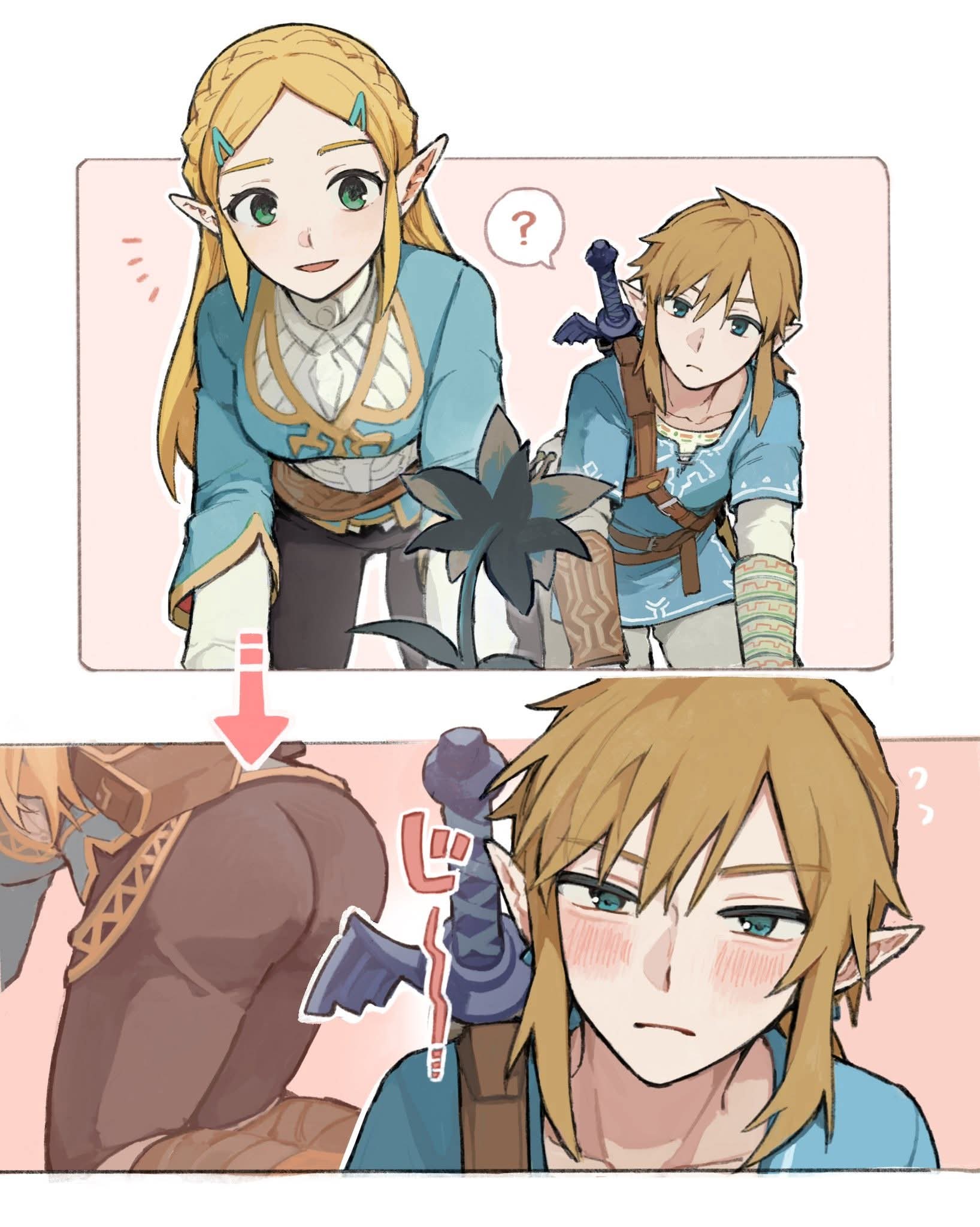 1boy, 1girls, ass, blonde hair, blue eyes, blush, breath of the wild, clothed ass, clothing, female, green eyes, link, looking at ass, male, master sword, pants, pointy ears, princess zelda, sword, the legend of zelda, zelda (breath of the wild)