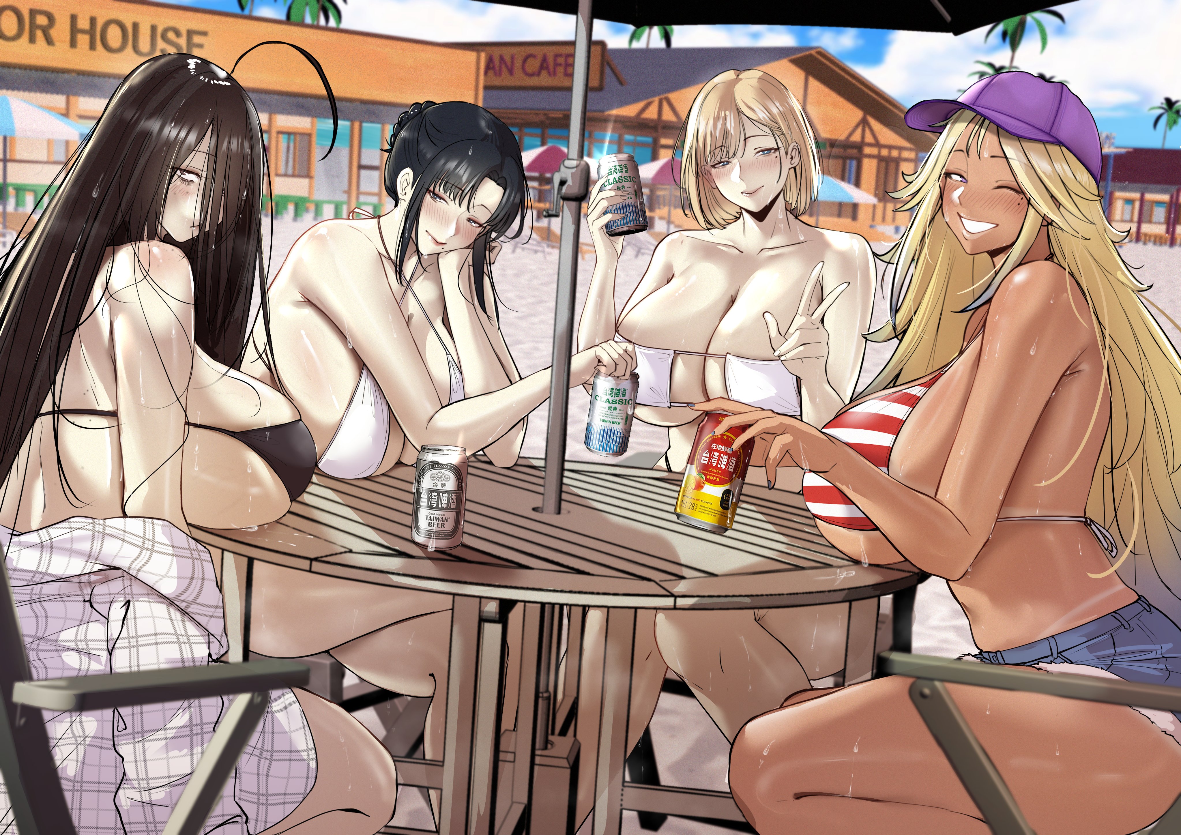 4girls, absurdres, ahoge, beach, beer can, bikini, black bikini, black hair, blonde hair, blue sky, borrowed character, braid, breasts, can, cleavage, dark skin, dark-skinned female, day, drink can, eve (puzenketsu), eyepatch bikini, female, gyaru, hair between eyes, hair bun, highres, holding, holding can, honey (puzenketsu), huge breasts, long hair, mature female, mole, mole under eye, mole under mouth, multiple females, multiple girls, nina (xter), nina hong (xter), nush (xter), onee gyaru, original, palm tree, parasol, puzenketsu, sand, sideboob, sidelocks, sky, striped bikini, striped clothes, swimsuit, tree, umbrella, v, vertical-striped bikini, vertical-striped clothes, very long hair, white bikini
