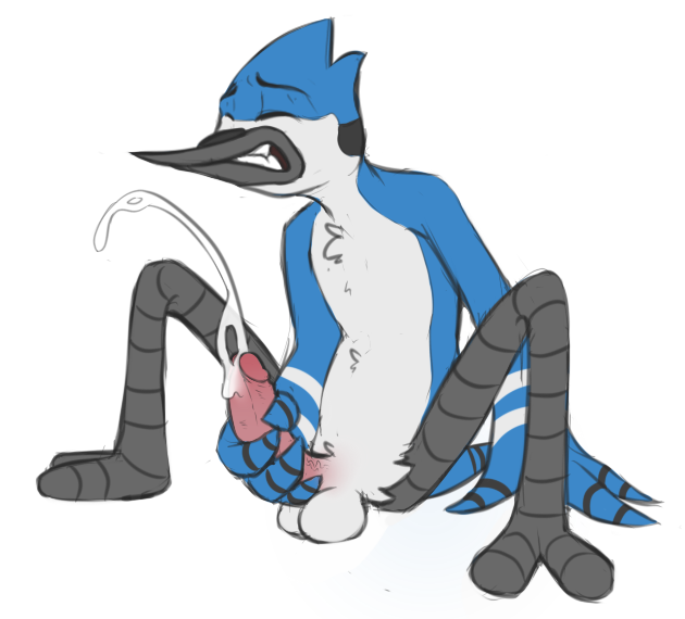 1boy anthro avian balls bird blue_jay cartoon_network closed_eyes corvid cum cumshot humanoid_penis male male_only masturbation mnty mordecai orgasm orgasm_face penis regular_show solo