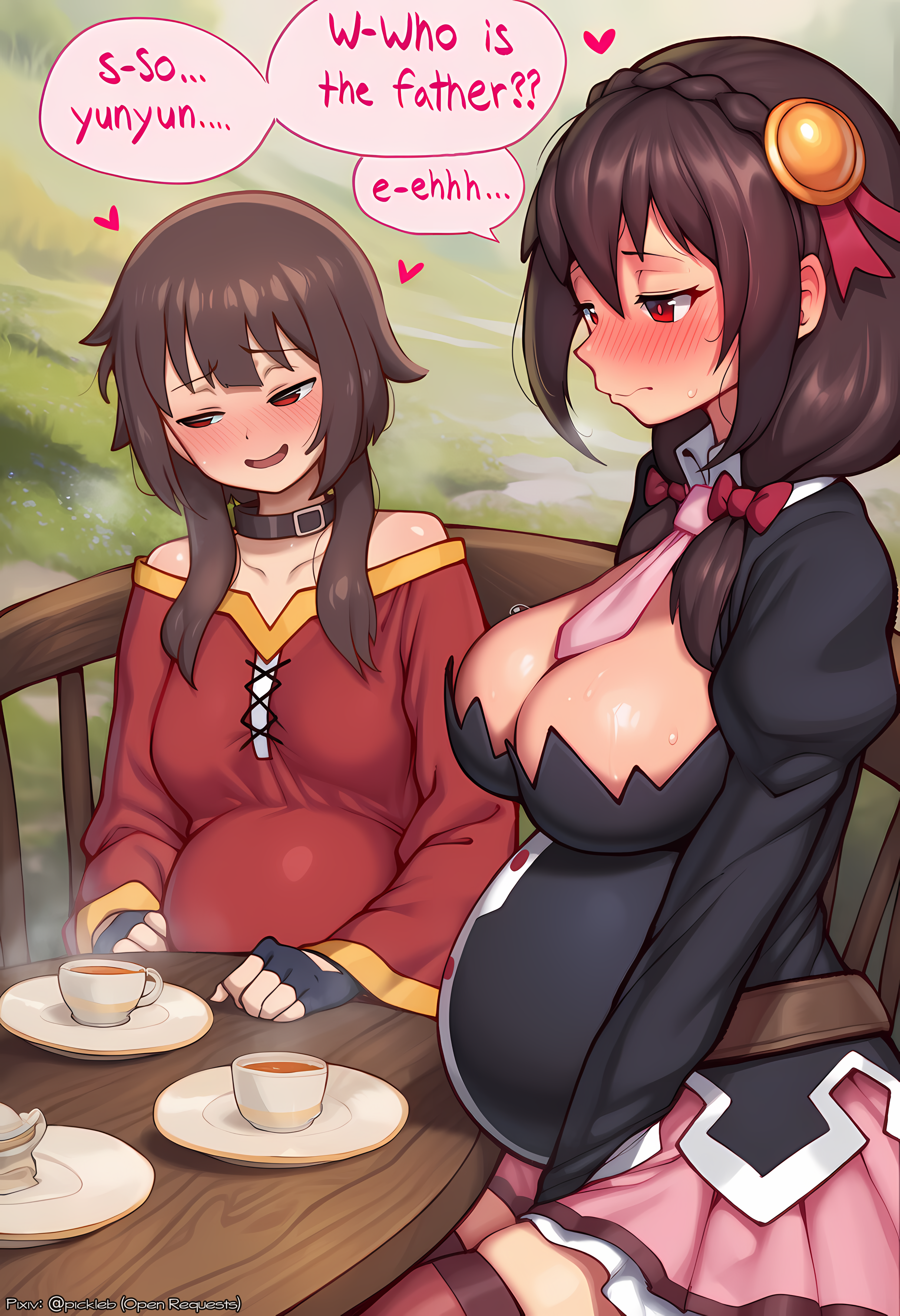 1girls, 2girls, ai generated, bare shoulders, belt, big belly, black gloves, blush, bow, braid, breasts, brown hair, choker, cleavage, collar, collarbone, crown braid, cup, dress, english text, female, fingerless gloves, gloves, hair ornament, hairbow, hand on own stomach, kono subarashii sekai ni shukufuku wo!, large breasts, long hair, long sleeves, looking at another, megumin, multiple females, multiple girls, necktie, off shoulder, open mouth, outdoors, patreon username, pink necktie, pink skirt, pregnant, red dress, red eyes, short hair with long locks, sitting, skirt, small breasts, smile, speech bubble, sweat, table, teacup, thighhighs, twintails, yunyun (konosuba), yuri, zettai ryouiki