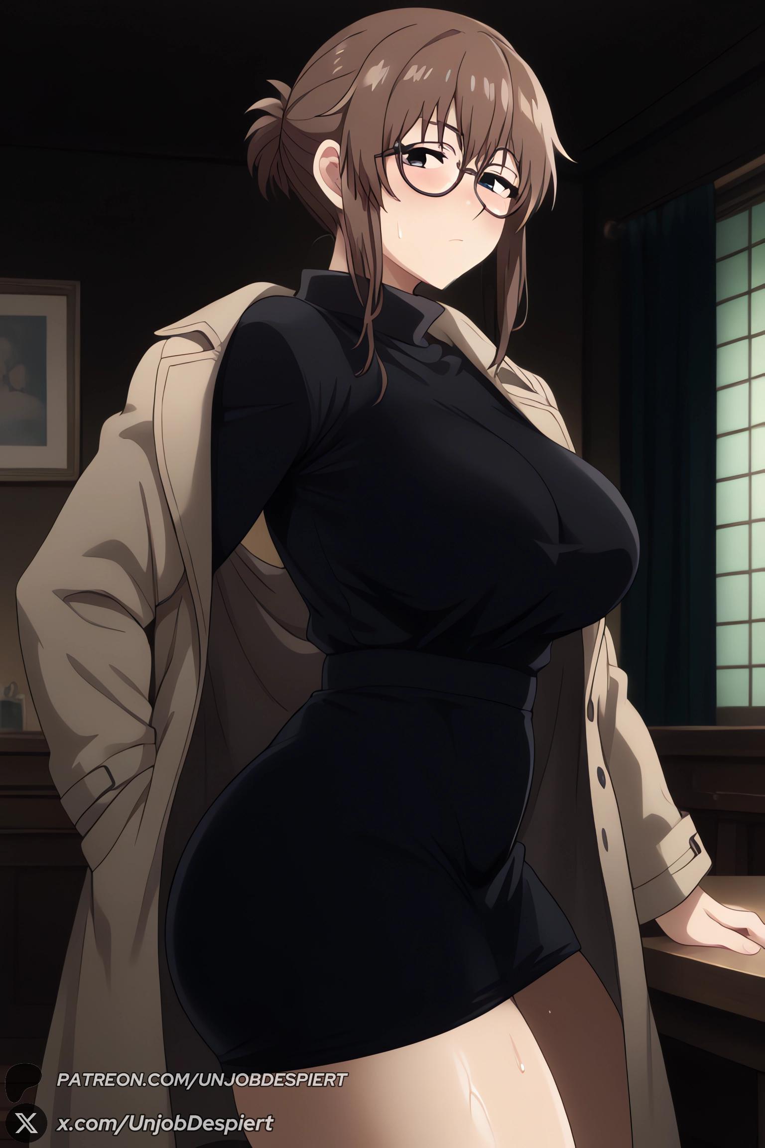 1girls, 2025, ai generated, artist name, bangs, big ass, big breasts, black shirt, black skirt, blush, breasts, brown coat, brown hair, call of the night, closed mouth, coat, curvy, female, female only, glasses, hand in pocket, hi res, high quality, high resolution, high-waist skirt, highres, huge ass, huge breasts, indoors, large breasts, long sleeves, looking at viewer, open clothes, open coat, patreon, patreon username, pencil skirt, shirt, shirt tucked in, sidelocks, skirt, solo, sweat, thighs, trench coat, uguisu anko, unjobdespiert, watermark, window, yofukashi no uta